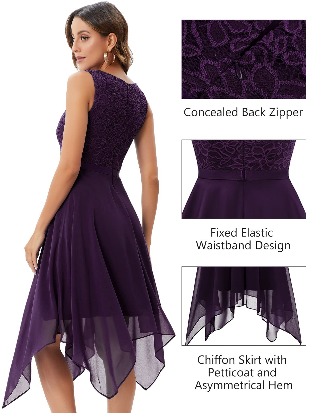 Meetjen Women's Elegant Lace Cocktail Party Dress 2025 - Handkerchief Hem Bridesmaid Prom Formal Gown for Wedding Guest | Perfect for Evening Parties, Bridal Showers & Special Occasions