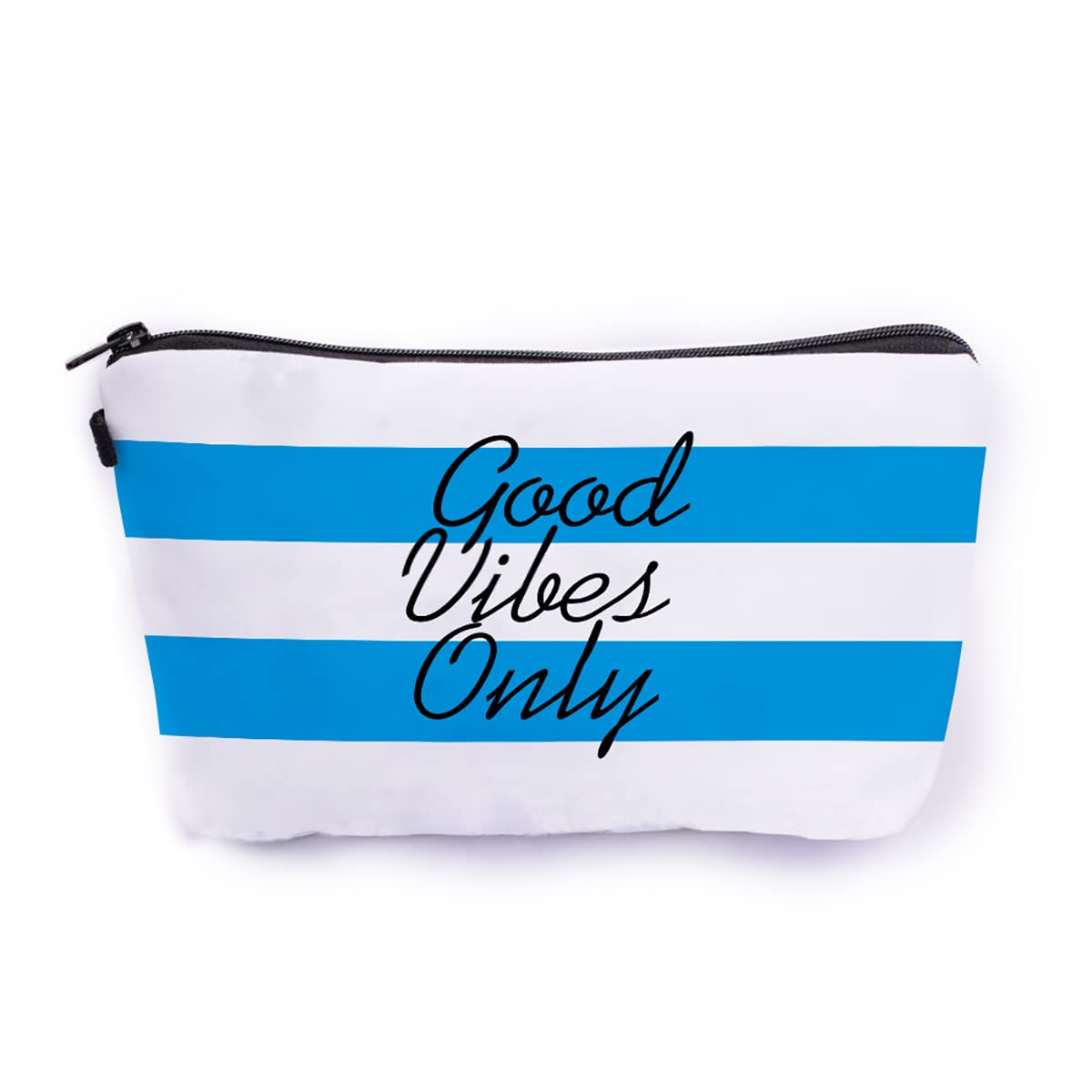 Crazyify Good Vibes Only Stripe Makeup Bag for Women - Waterproof Canvas Cosmetic Pouch with Zipper, Travel Toiletry Organizer - Perfect for Daily Makeup Storage, Gym Essentials & Vacation Packing