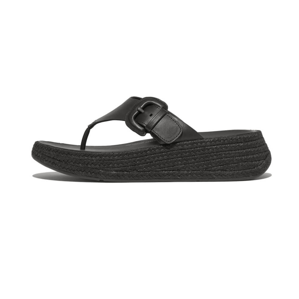 FitFlop F Mode Espadrille Adjustable Leather Flatform Toe Thong Sandals for Women - Black | Comfortable Summer Beach & Casual Walking Sandals