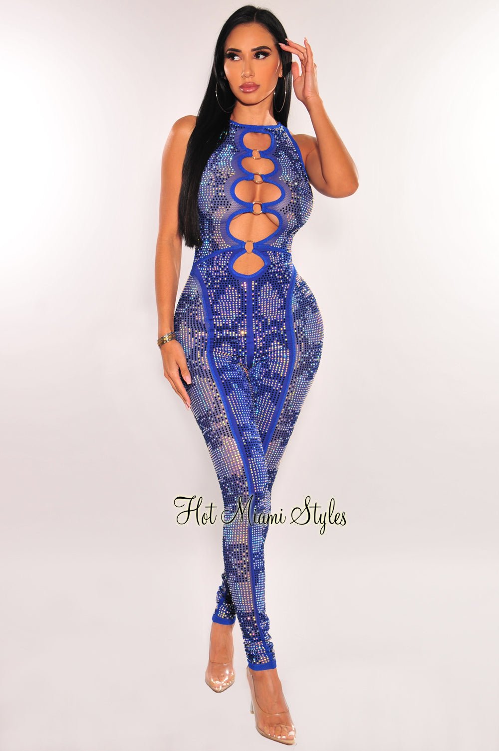Royal Blue Rhinestone Mesh O-Ring Cut Out Sleeveless Jumpsuit for Women - Sexy Clubwear & Evening Party Outfit