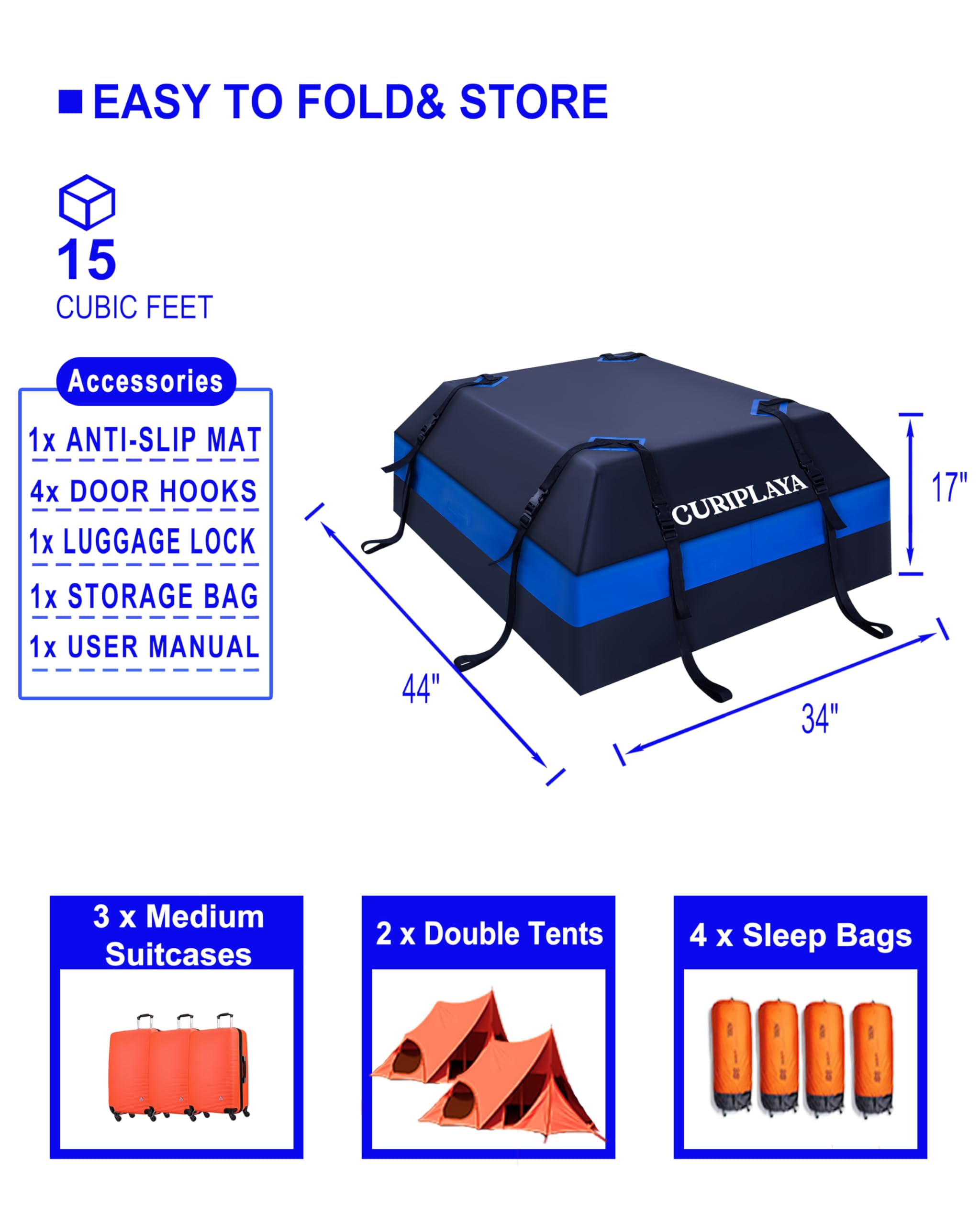 15 Cubic Feet Car Roof Cargo Carrier - Waterproof Roof Top Luggage Bag with Anti-Slip Mat, Reinforced Straps & Lock - Perfect for Road Trips, Camping & Extra Storage