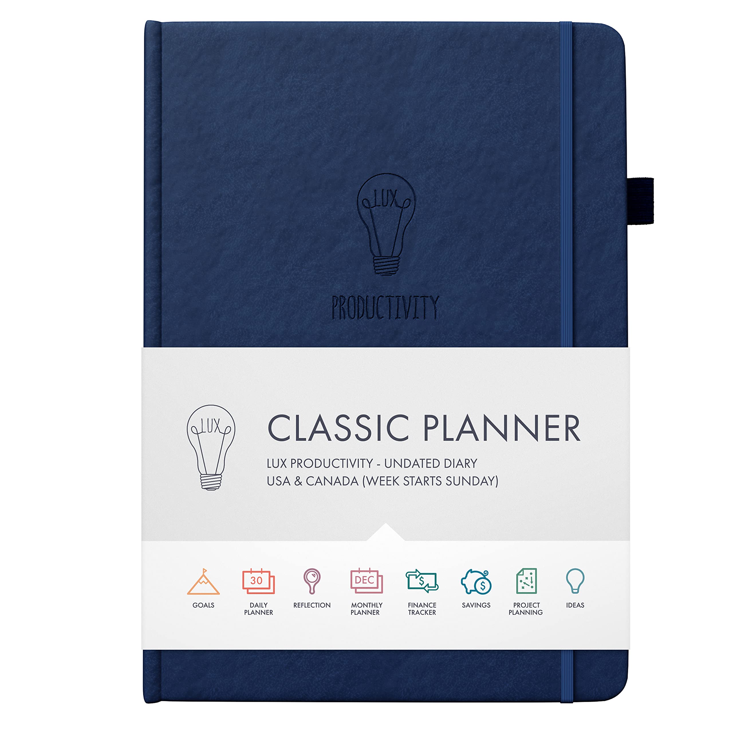 **LUX Productivity Classic Undated Planner 2023 – Navy Blue Daily & Weekly Planner with Hourly Schedule, To-Do List, Habit Tracker & Organizer – Perfect for Work, School & Personal Goal Setting**