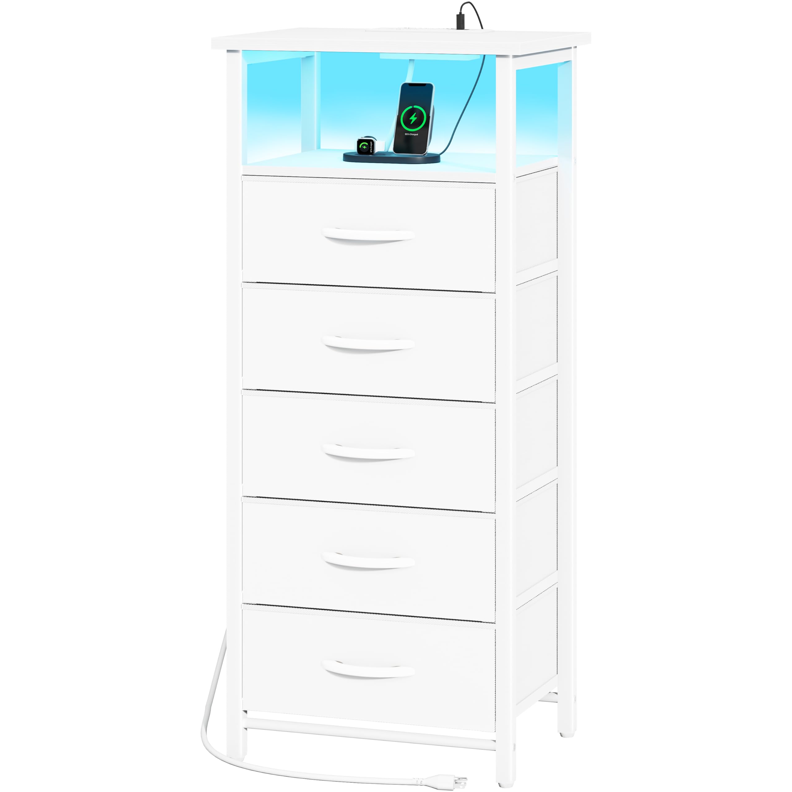 Yoobure 5-Drawer Fabric Dresser with Charging Station & LED Light - Tall Bedroom Nightstand, Vertical Storage Chest for Closet, Dorm, Living Room - Perfect Bedside Table for Organizing Clothes, Books & Electronics