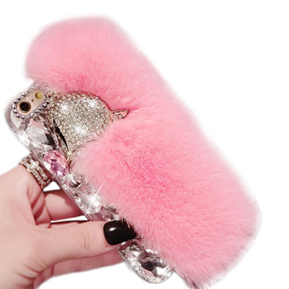 Premium Fluffy Furry Phone Case for ZTE Grand X4 & Blade Spark - Soft Warm Beaver Rex Rabbit Hair with Glitter Rhinestones (Pink) | Trendy Protective Cover for Everyday Use & Special Occasions