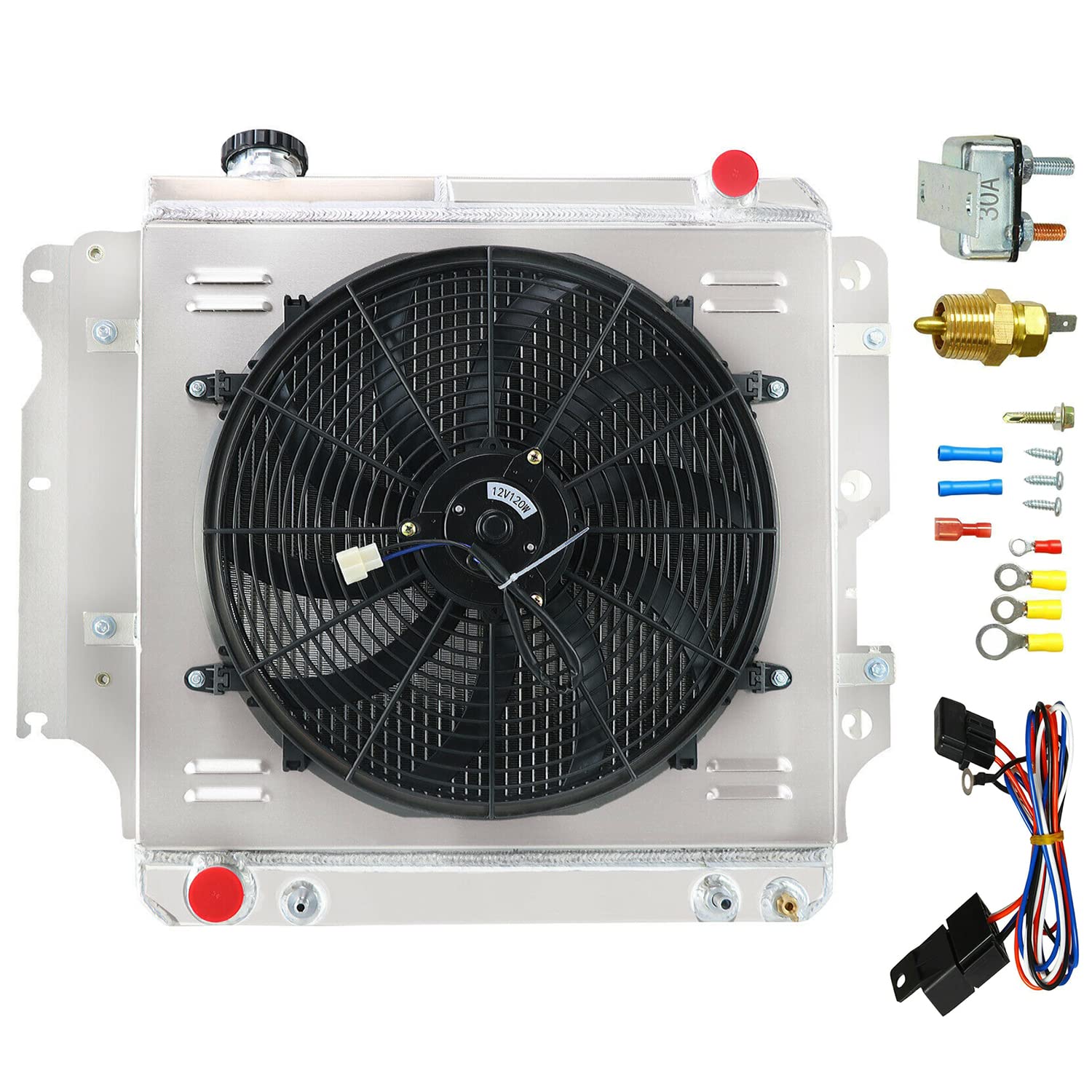 High-Performance 4-Row Aluminum Radiator for Jeep Wrangler YJ TJ (1987-2006) - Compatible with 2.4L 2.5L 4.0L 4.2L Engines - Includes Electric Fan Relay - Perfect for Off-Roading & Extreme Weather Conditions