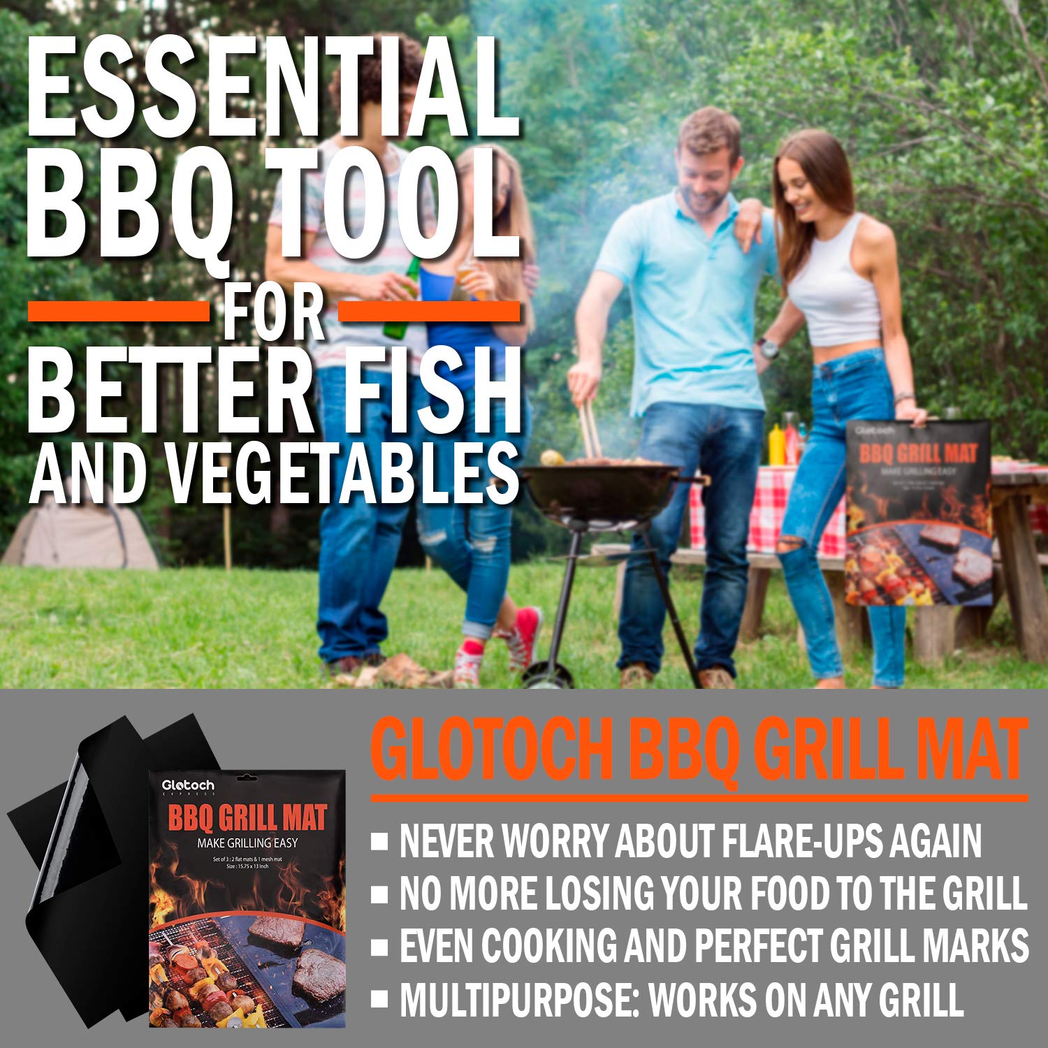 3-Pack Non-Stick BBQ Grill Mats - Heavy Duty, Reusable & Dishwasher Safe for Gas, Charcoal & Electric Grills - Perfect for Backyard BBQs, Camping & Outdoor Cooking