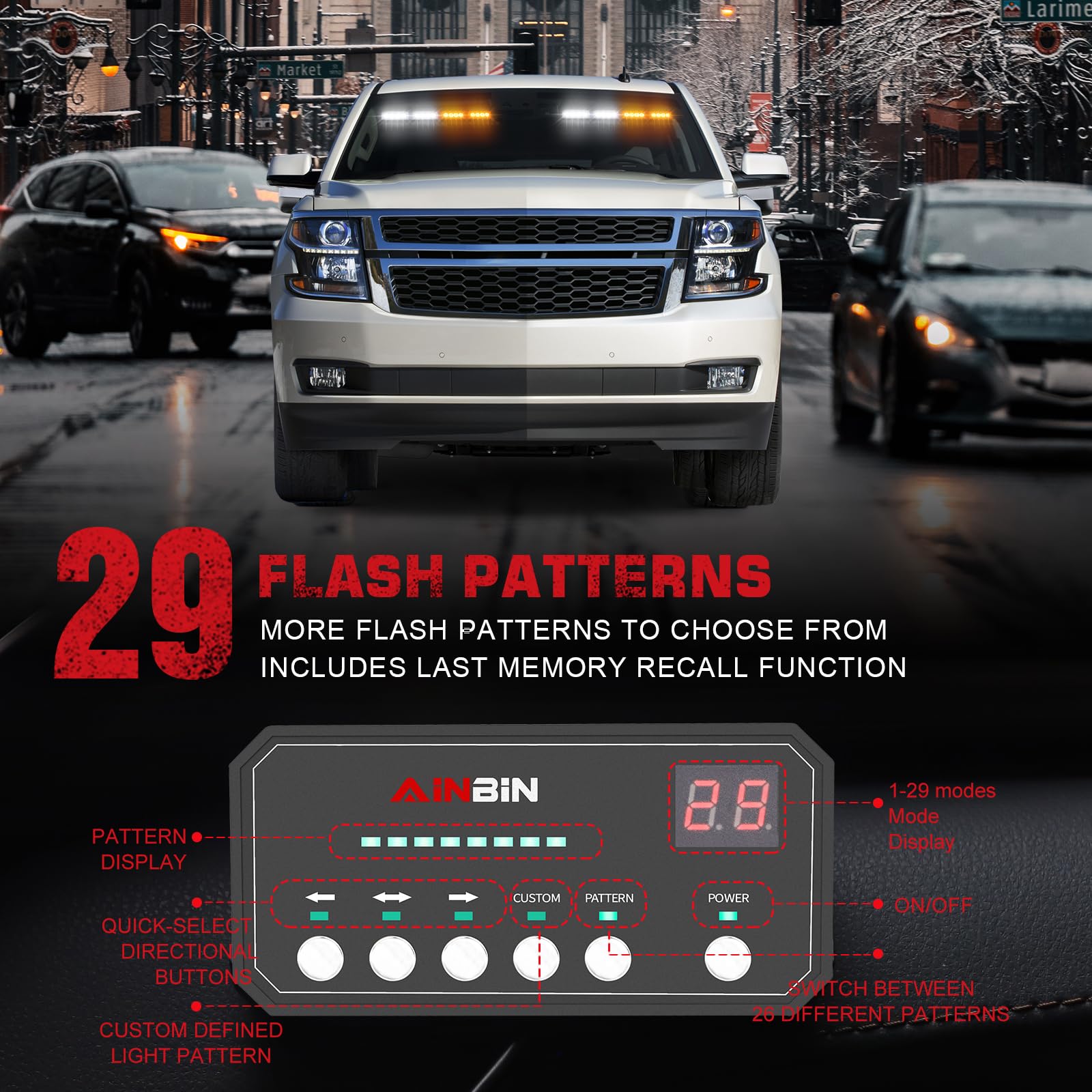 2 in 1 14 Inch LED Dash Strobe Lights - 32 LED Amber & White Emergency Warning Lights for Trucks, Construction Vehicles - Front/Rear Windshield Flashing Hazard Lights with Suction Cups - Ideal for Snow Plows, Emergency Vehicles & Roadside Safety