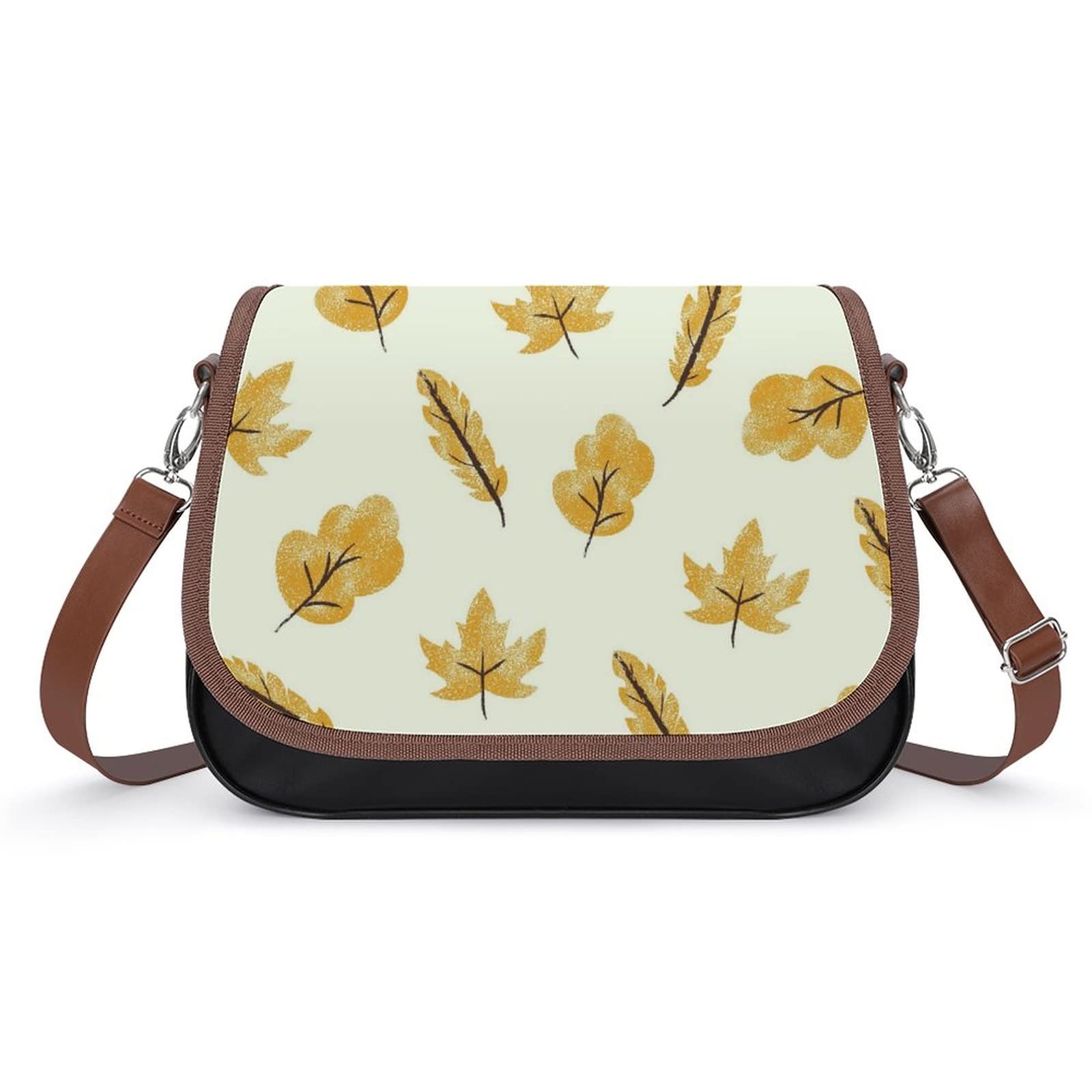 Printed Shoulder Crossbody Bag - Genuine Leather Hobo Purse for Women with Top Handle - Medium Satchel in Yellow Maple Leaf Design - Perfect for Work, Travel & Everyday Use