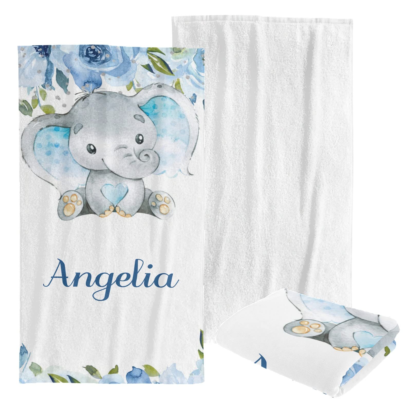 Custom Personalized Beach Towel - Soft Quick-Dry Bath Towel Blanket for Swimming, Sunbathing - Blue Floral Cute Elephant Design for Kids, Men & Women - Perfect for Pool, Beach Vacation & Summer Outings