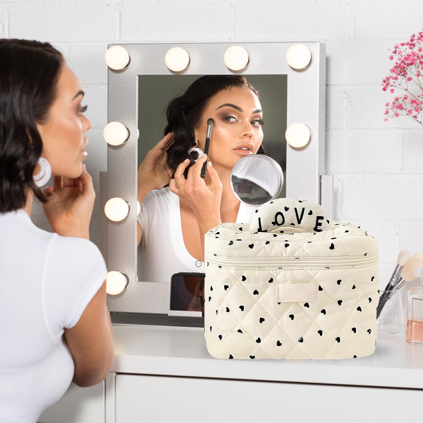 Quilted Makeup Bag for Women - Large Heart Pattern Cosmetic Organizer, Soft Cotton Toiletry Travel Bag with High Capacity (Black) | Perfect for Travel, Gym, and Daily Cosmetics Storage