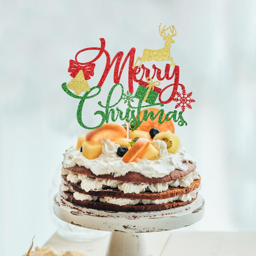 Festive Christmas Cake Topper - Red & Green Glitter Cake Decorations for Holiday, New Year & Birthday Parties | Perfect for Christmas Desserts, Cupcakes & Celebration Cakes