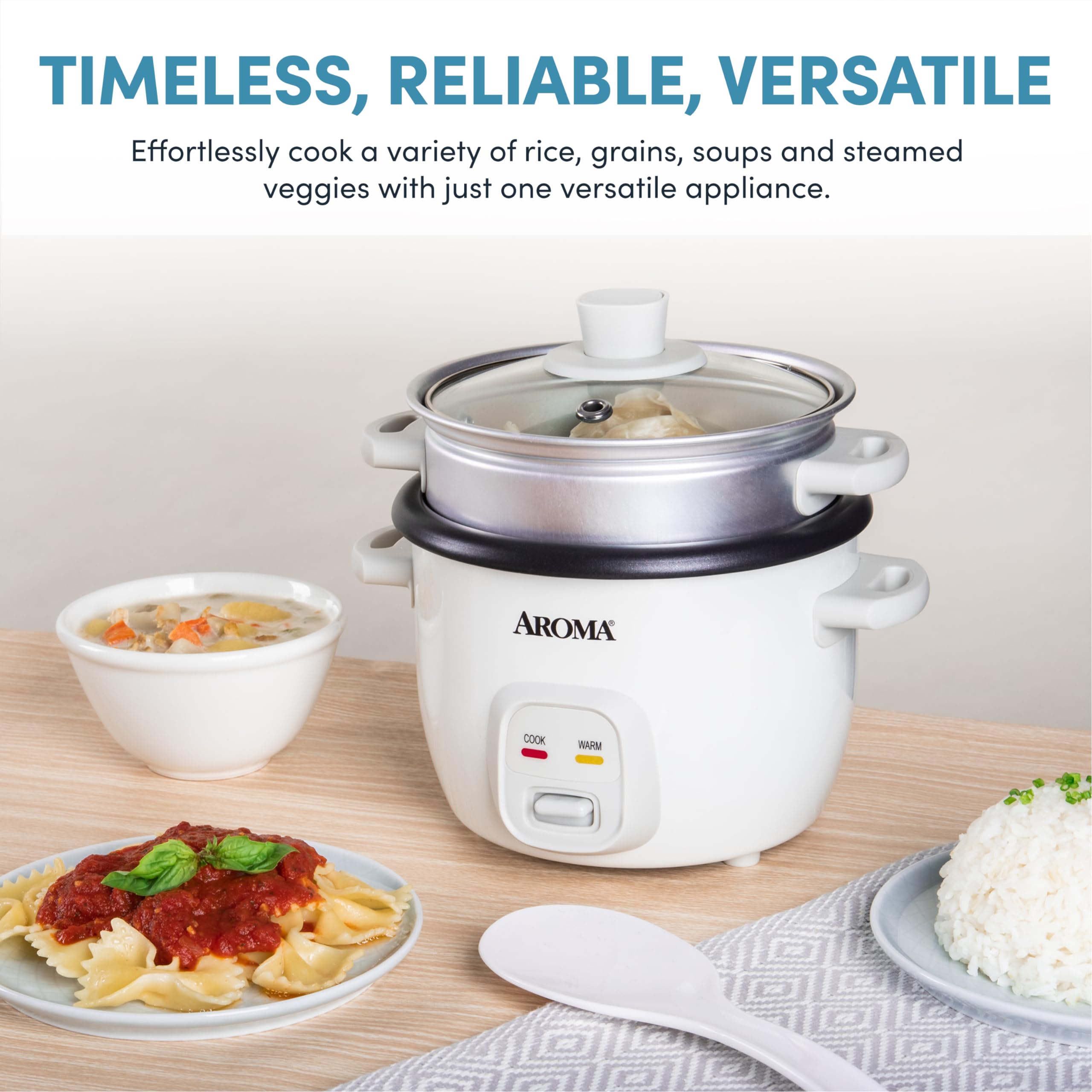 AROMA® 2-Cup (Uncooked) / 4-Cup (Cooked) Rice Cooker with Steamer - Multi-Function Grain & Oatmeal Cooker, Soup Maker, Auto Keep Warm - 1 Qt White (ARC-302-1NG) - Perfect for Small Kitchens, Dorms & Quick Meals