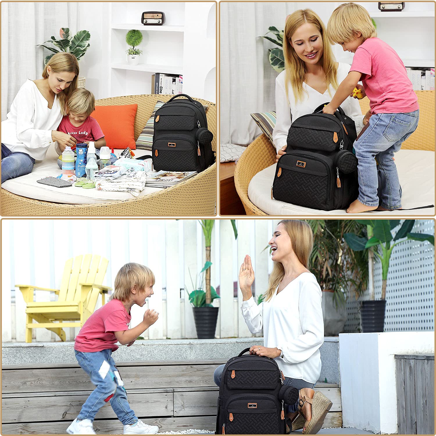 BabbleRoo Waterproof Diaper Bag Backpack for Travel - Multifunctional Baby Carrier with Changing Pad, Pacifier Case & Stroller Straps - Unisex Black Backpack for Parents, Daycare & Family Outings