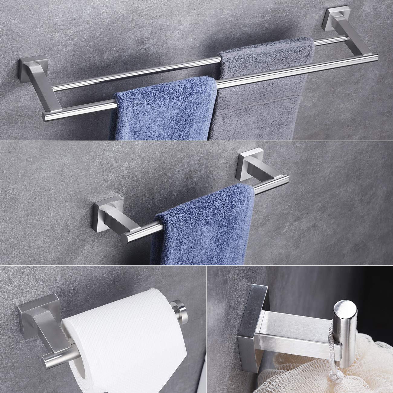 Hoooh 4-Piece Brushed Stainless Steel Bathroom Accessories Set - Wall Mounted Double Towel Bar, Hand Towel Rack, Toilet Paper Holder & Robe Hooks (BS101S4-BN) - Modern Bathroom Organization for Home & Hotel Use