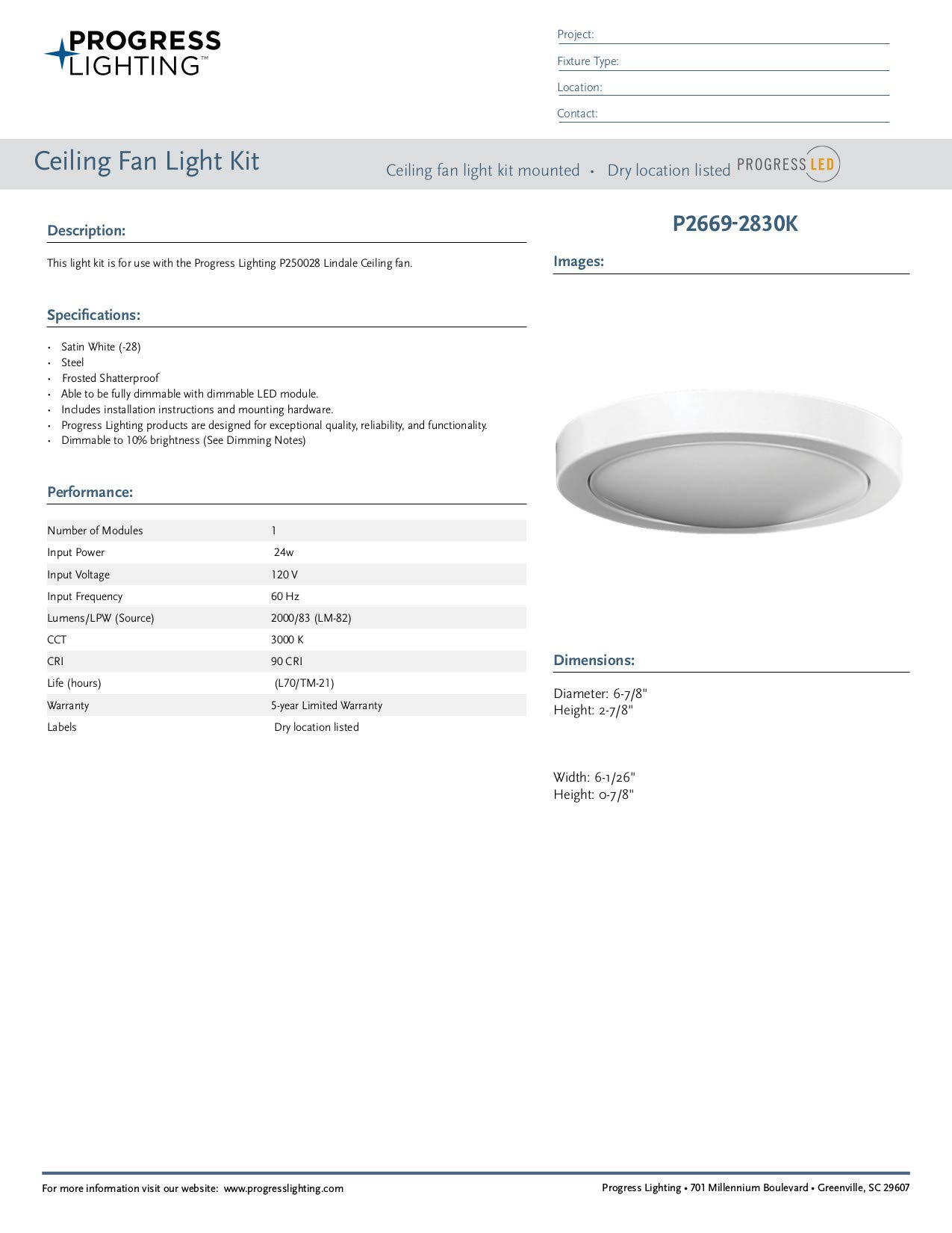 Progress Lighting Lindale 6.9-inch White Ceiling Fan Light Kit - Perfect for Bedroom, Living Room & Indoor Spaces