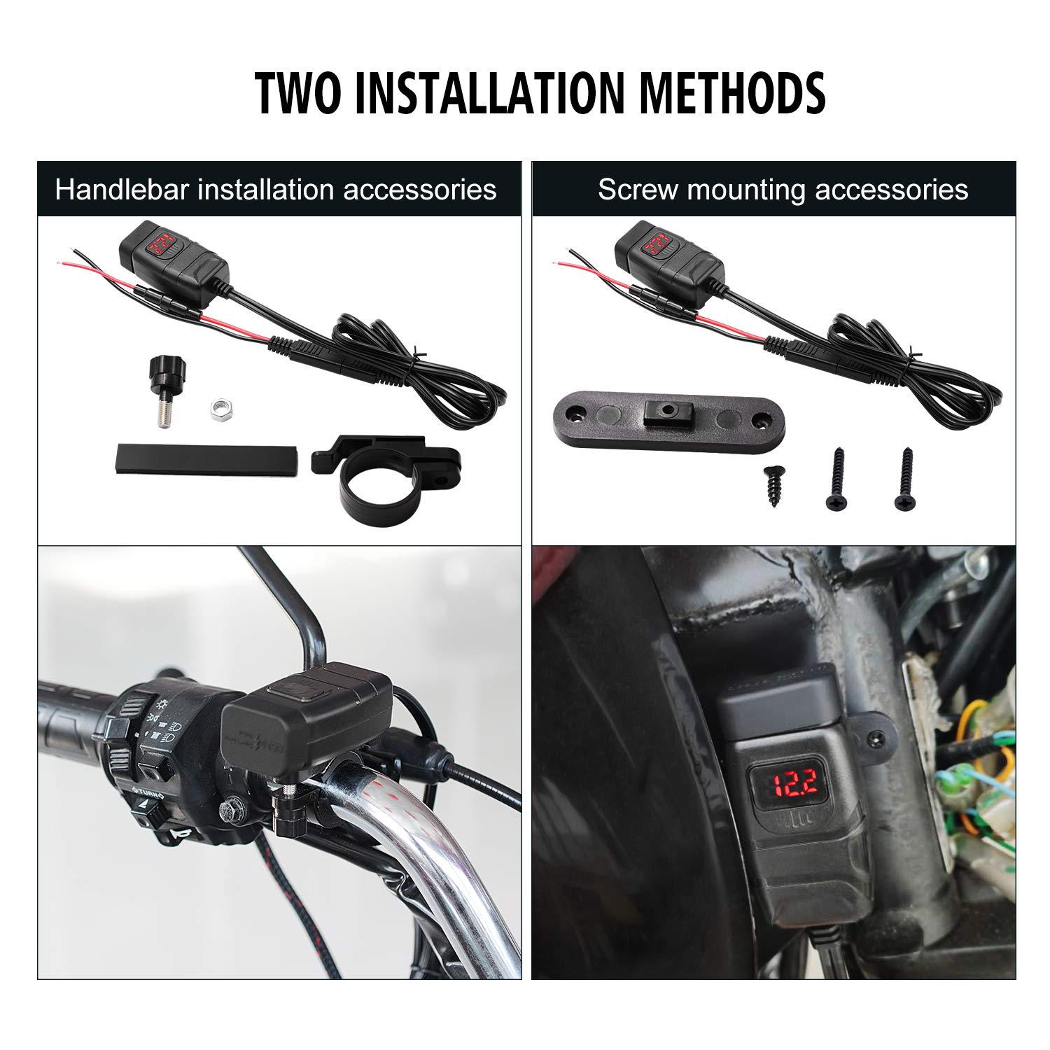 TURN RAISE Motorcycle Phone Charger - Dual USB QC 3.0 Fast Charger with Voltmeter & ON/OFF Switch - Waterproof 12V Charger for Phone, Tablet, Car - Perfect for Motorcycle Rides, Road Trips & Outdoor Adventures (QK010R)