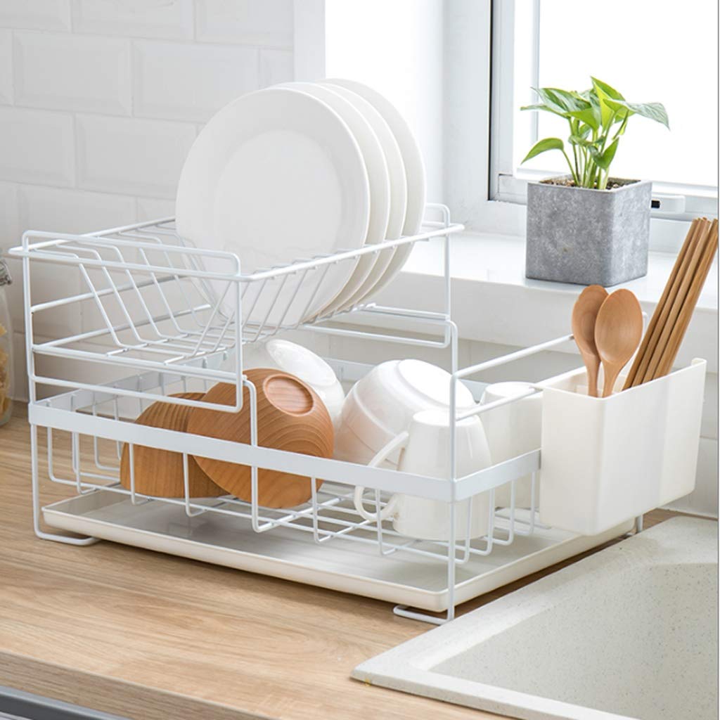 Stainless Steel Dish Rack - Large Kitchen Sink Organizer with Drainer Tray for Plates, Bowls & Cups | Space Saving Countertop Drying Rack for Dishes | Perfect for Small Kitchens, Apartments & RVs (White)