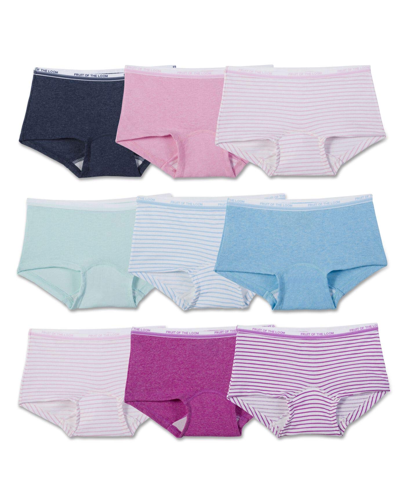 Fruit of the Loom Girls' 9-Pack Boyshort Underwear - Size 12 - Assorted Heather Colors - Soft Cotton Briefs for Kids & Teens - Perfect for School, Sports & Everyday Comfort