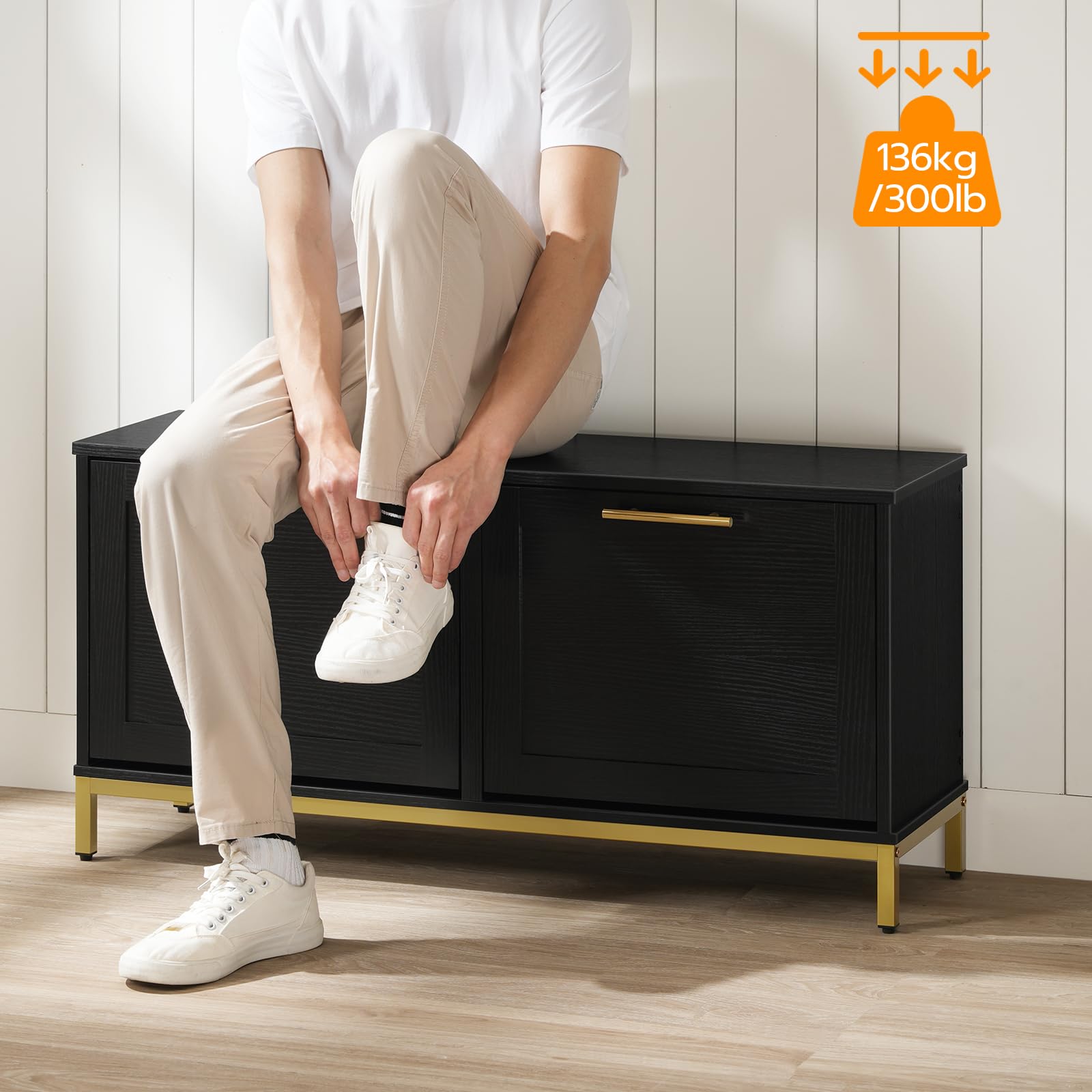 HOOBRO Entryway Shoe Bench with 2 Flip-Up Storage Drawers, Hidden Shoe Cabinet Organizer for Hallway, Foyer & Mudroom - Black & Gold Modern Design (DB48HX01) | Perfect for Small Spaces, Apartment Entryways & Shoe Storage Organization