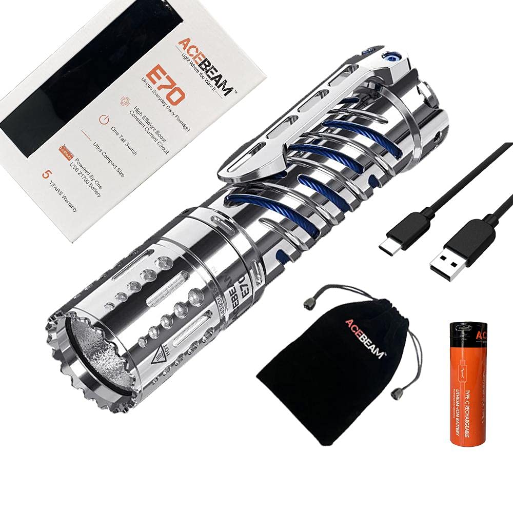 ACEBEAM E70 SS Stainless Steel LED Flashlight - 4000 Lumens High Brightness, 220m Long Throw, 5000K Warm White Light with Rechargeable Battery - Perfect for Camping, Hiking, Emergency & Outdoor Adventures