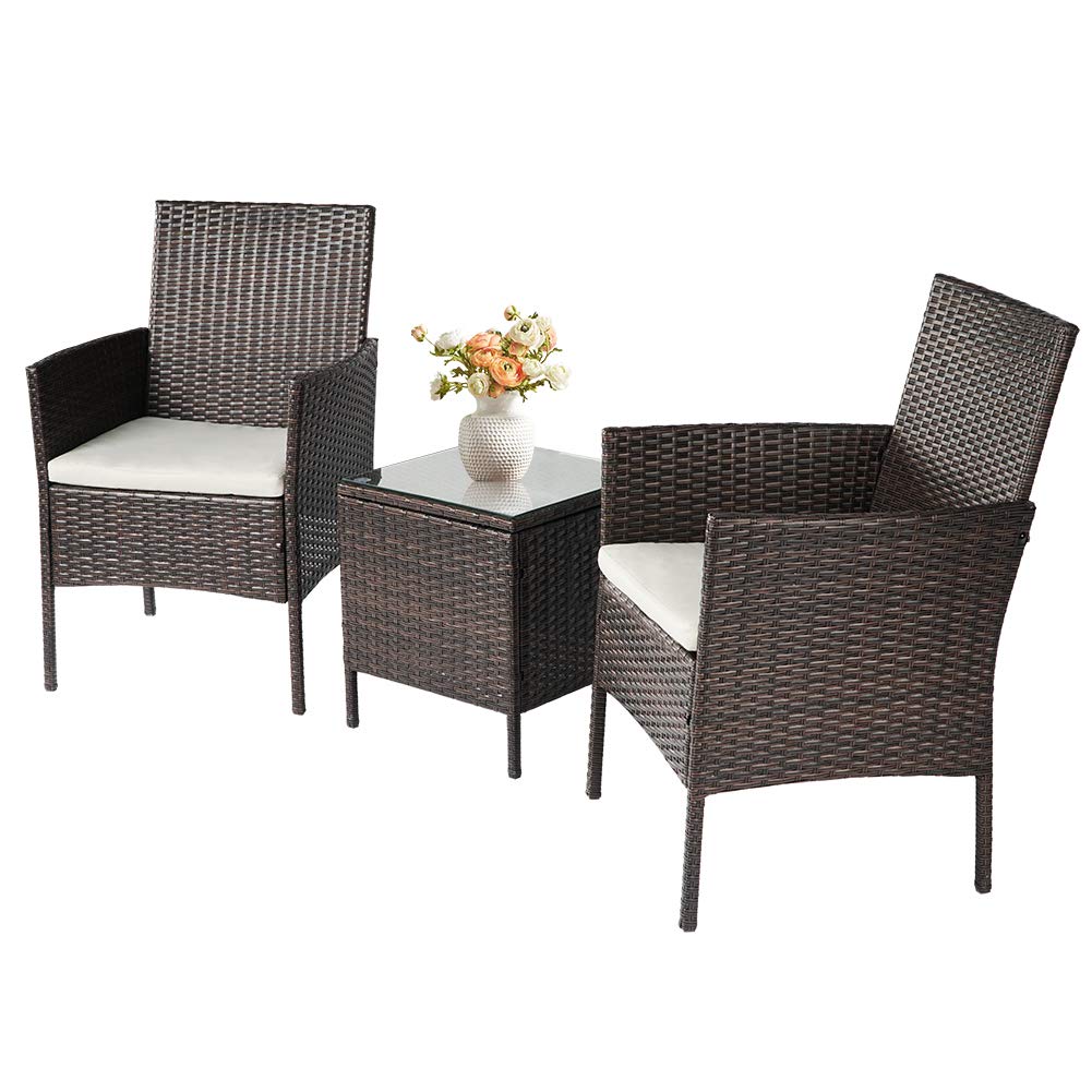 SOLAURA 3-Piece Brown Wicker Patio Furniture Set - Outdoor Bistro Chairs & Glass-Top Coffee Table (Beige) for Garden, Backyard, Poolside & Balcony Relaxation