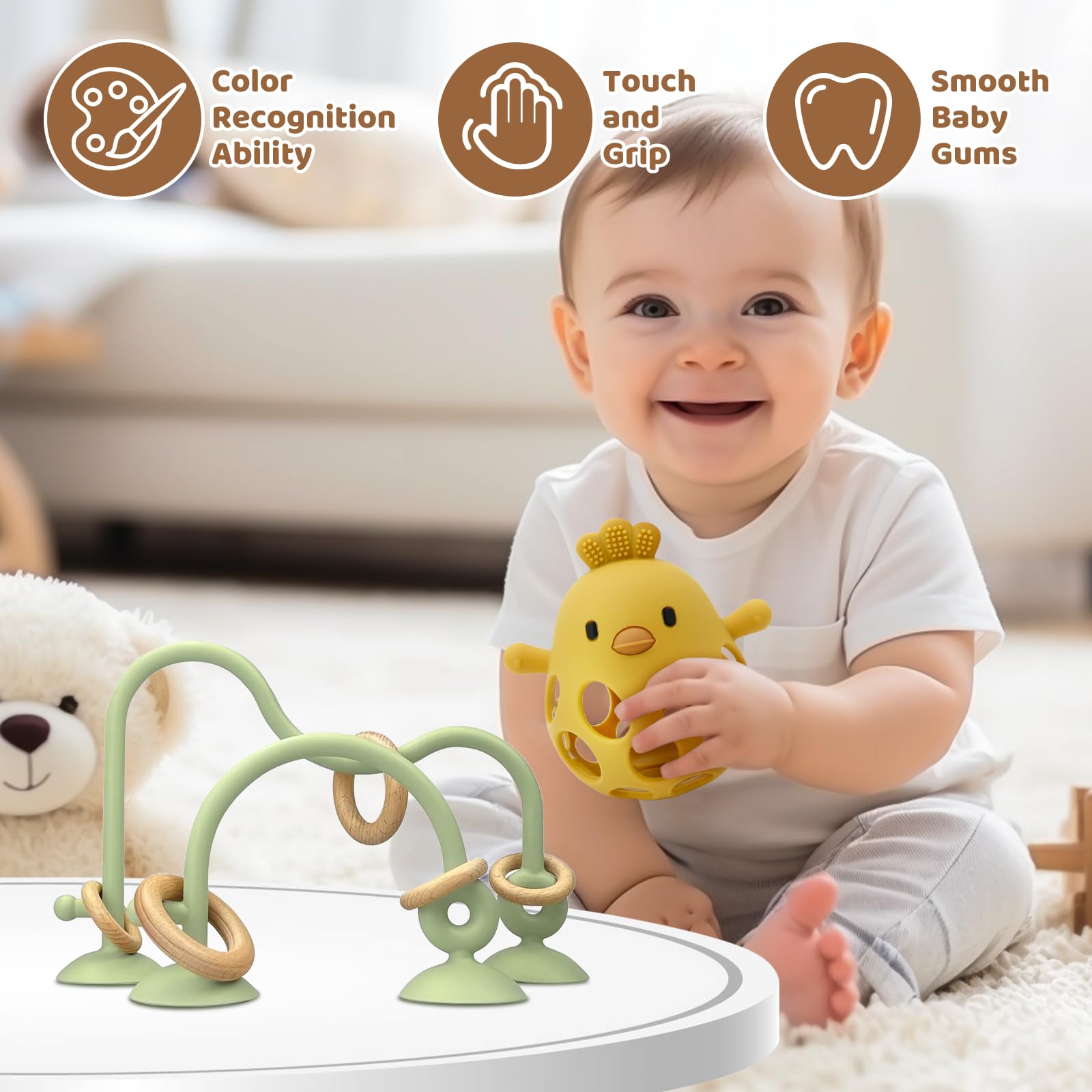 Baby High Chair Toys & Teething Chew - Safe Silicone Teethers for 6-18 Months | Food Grade, BPA-Free Suction Toy for High Chair & Table Play | Green & Yellow | Perfect for Mealtime & On-the-Go Soothing
