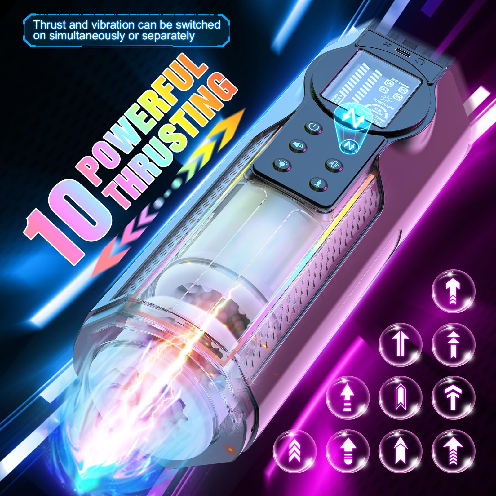 Electric Automatic Male Masturbator - 10 Thrusting & 10 Vibrating Modes Sex Toy for Men with LCD Display, Rechargeable Adult Toy, Realistic Pocket Pussy Stimulator (Black) - Perfect for Solo Play, Discreet Use at Home or Travel
