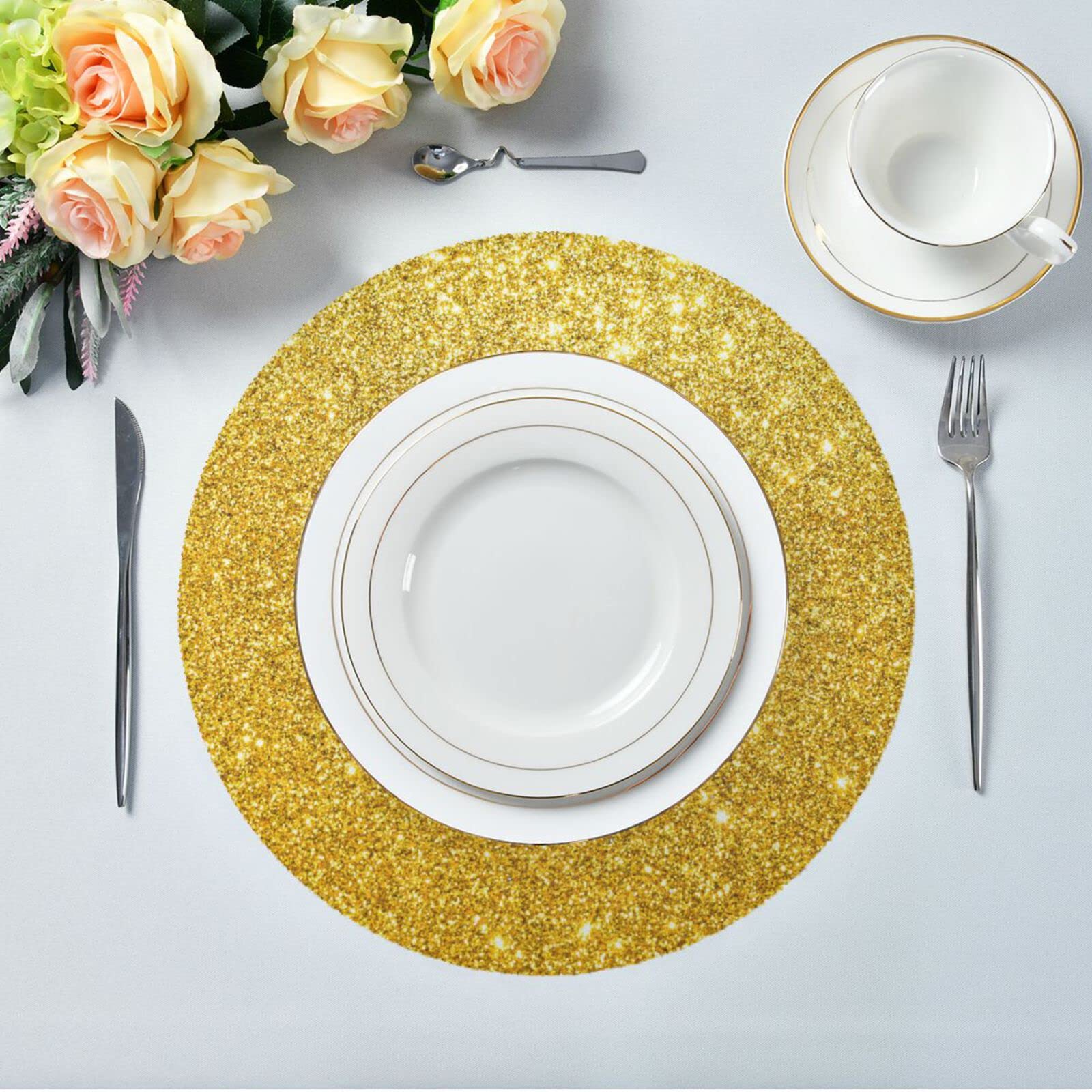 6-Pack Gold Glitter Sparkle Placemats Set - 15.4 Inch Round Sequined Table Mats for Kitchen, Kids, Christmas, Wedding Party Decor - Waterproof & Easy to Clean for Daily Use & Special Occasions