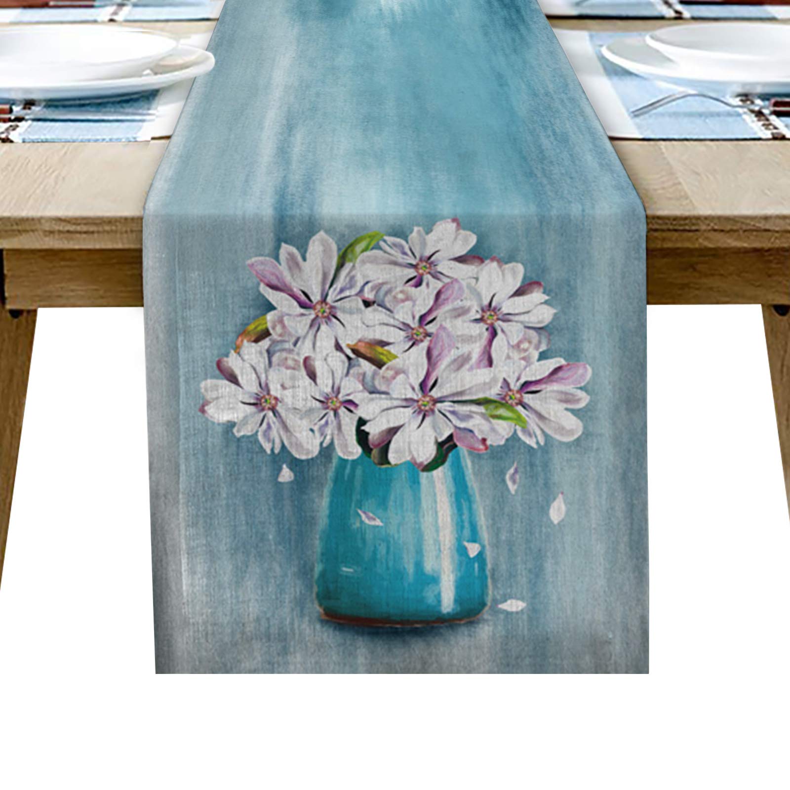 90 Inch Cotton Linen Table Runner - Floral Magnolia Vase Design Rectangular Kitchen Tablecloth for Dining Room, Party & Home Decor | Perfect for Dinner Parties, Weddings & Holiday Tablescapes