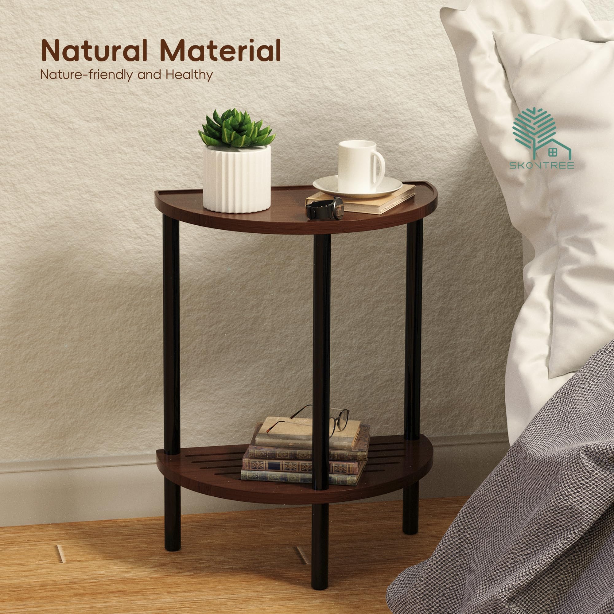 Half Moon Side Table with Storage Shelf - 2 Tier Round End Table for Living Room, Bedroom & Small Spaces - Boho Nightstand & Couch Table for Home Decor (Brown) - Perfect for Reading Nooks, Apartment Living & Cozy Bedside Use