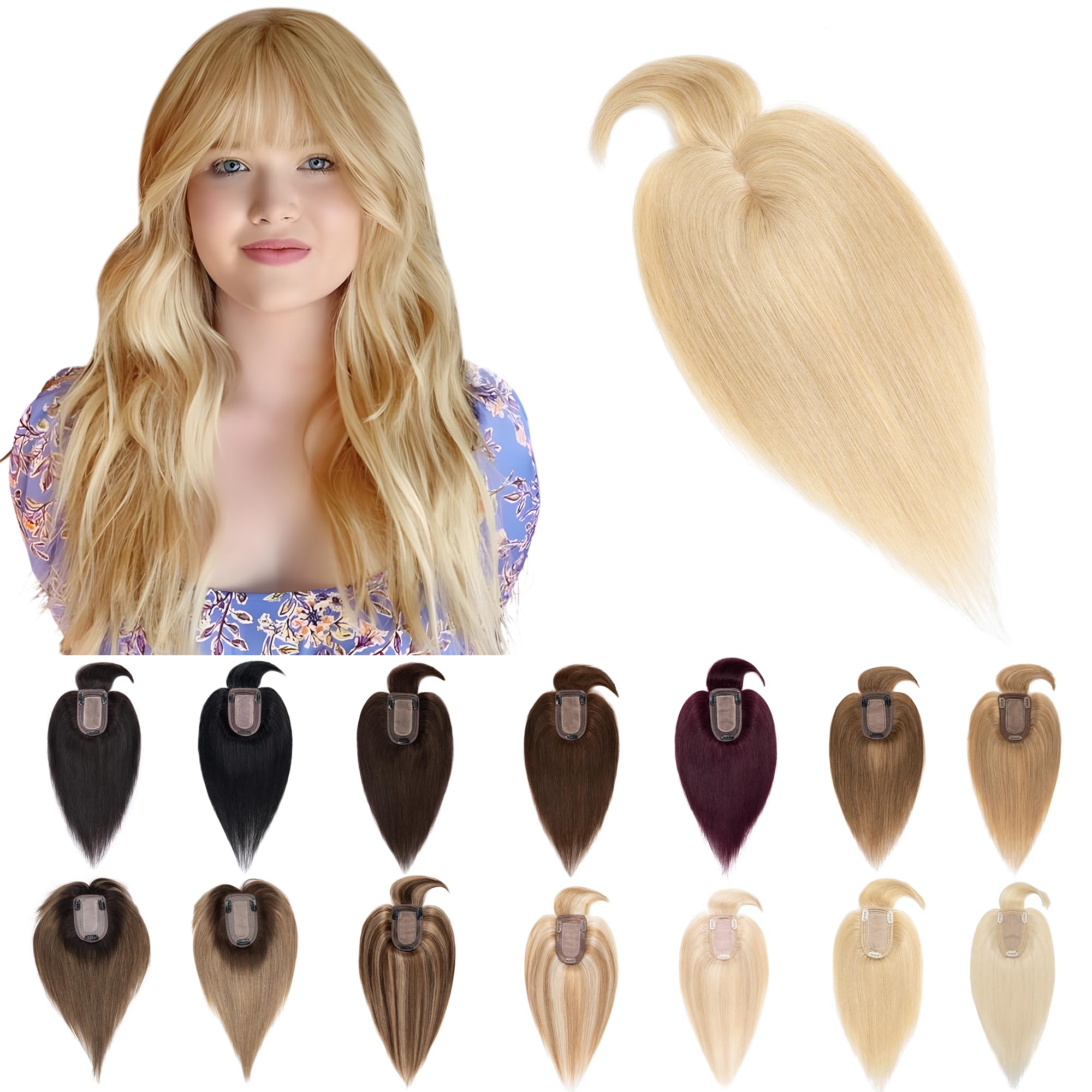 SEGO 100% Remy Human Hair Toppers for Women with Bangs - 16 Inch Natural Blonde Clip-in Top Wiglet (7x13cm Silk Base) for Thinning Hair | Perfect for Daily Wear, Parties & Special Occasions