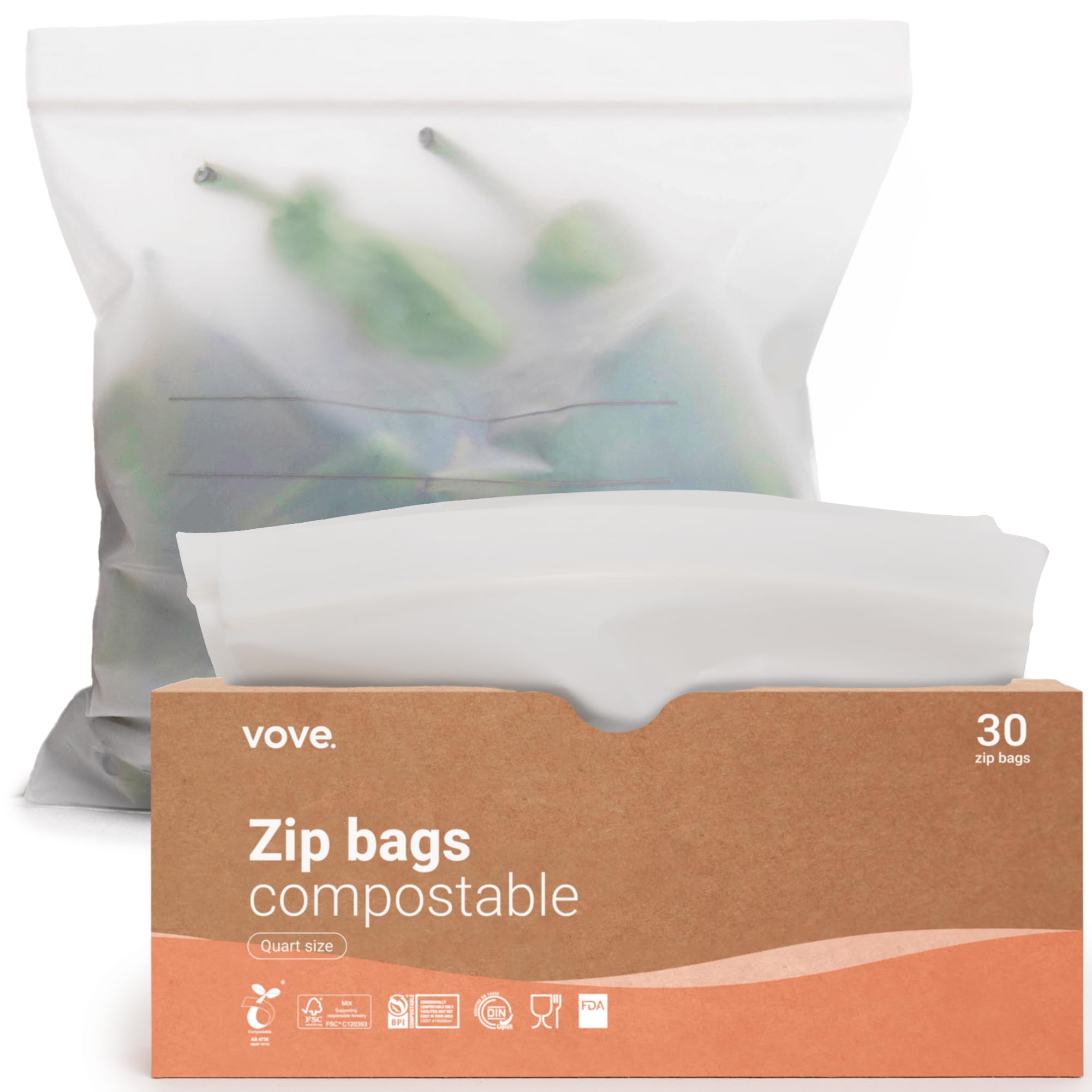 Eco-Friendly Plant-Based Quart Size Resealable Zip Lock Bags - Biodegradable Freezer & Food Storage Bags, Plastic-Free Alternative (30 Count) - Perfect for Meal Prep, Snacks, Leftovers & Sustainable Kitchen Storage