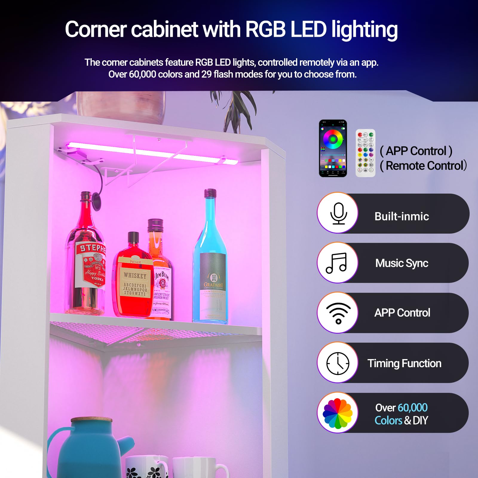 5-Tier White Corner Shelf with Power Outlet & LED Light - Glass Holder Storage Cabinet for Living Room, Kitchen, Bar - Space-Saving Display Unit for Small Spaces & Home Decor