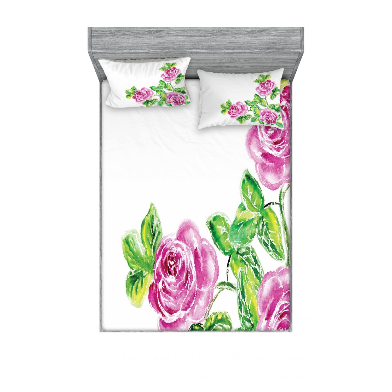 Ambesonne Floral 2-Piece Full Size Fitted Sheet & 4-Piece Pillow Sham Set - Romantic Roses Design in Pink & Green - Soft Bedding Decor for Master Bedroom, Guest Room & Vacation Home
