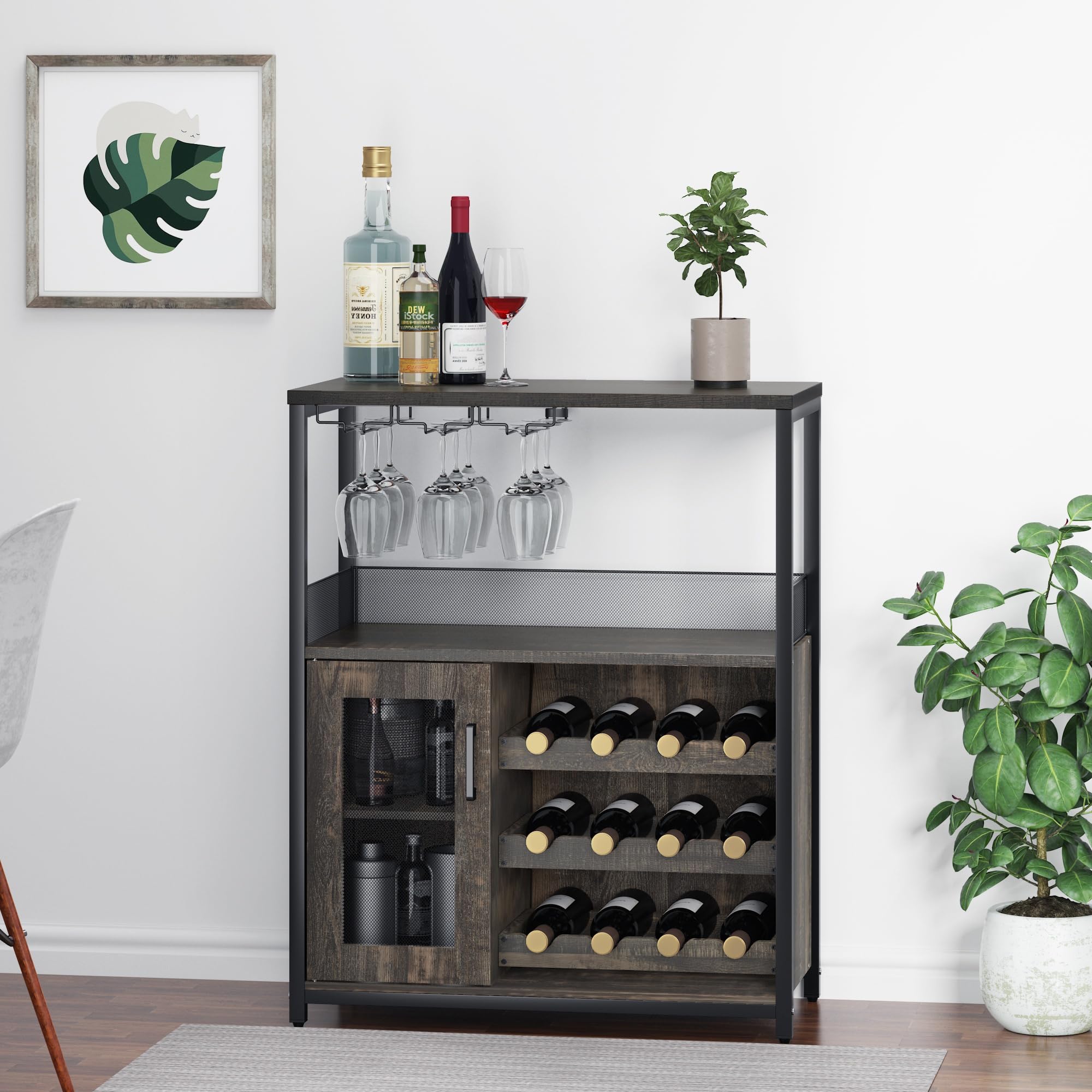 GAOMON Wine Bar Cabinet with Detachable Wine Rack - Bar Storage Cabinet with Glass Holder, Mesh Door & Drawer - Small Sideboard Buffet for Liquor, Wine Glasses & Bar Accessories - Perfect for Dining Room, Kitchen or Home Bar Setup