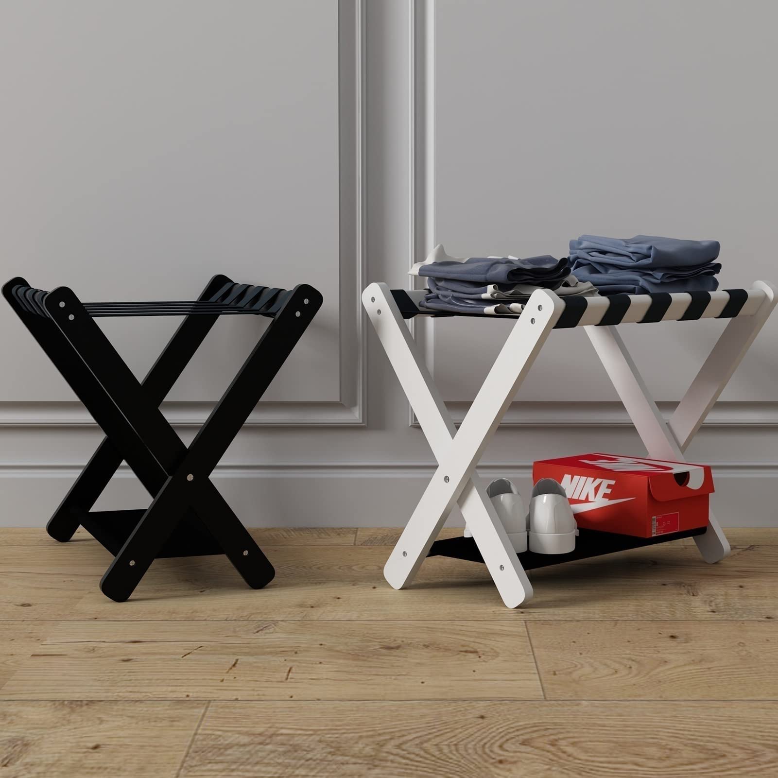 Foldable Wooden Luggage Rack Set of 2 - Double Tier Suitcase Stand with Shoe Shelf | Portable Travel Bag Storage Organizer | Perfect for Bedroom, Hotel & Small Space Organization | Durable Home Storage Solution