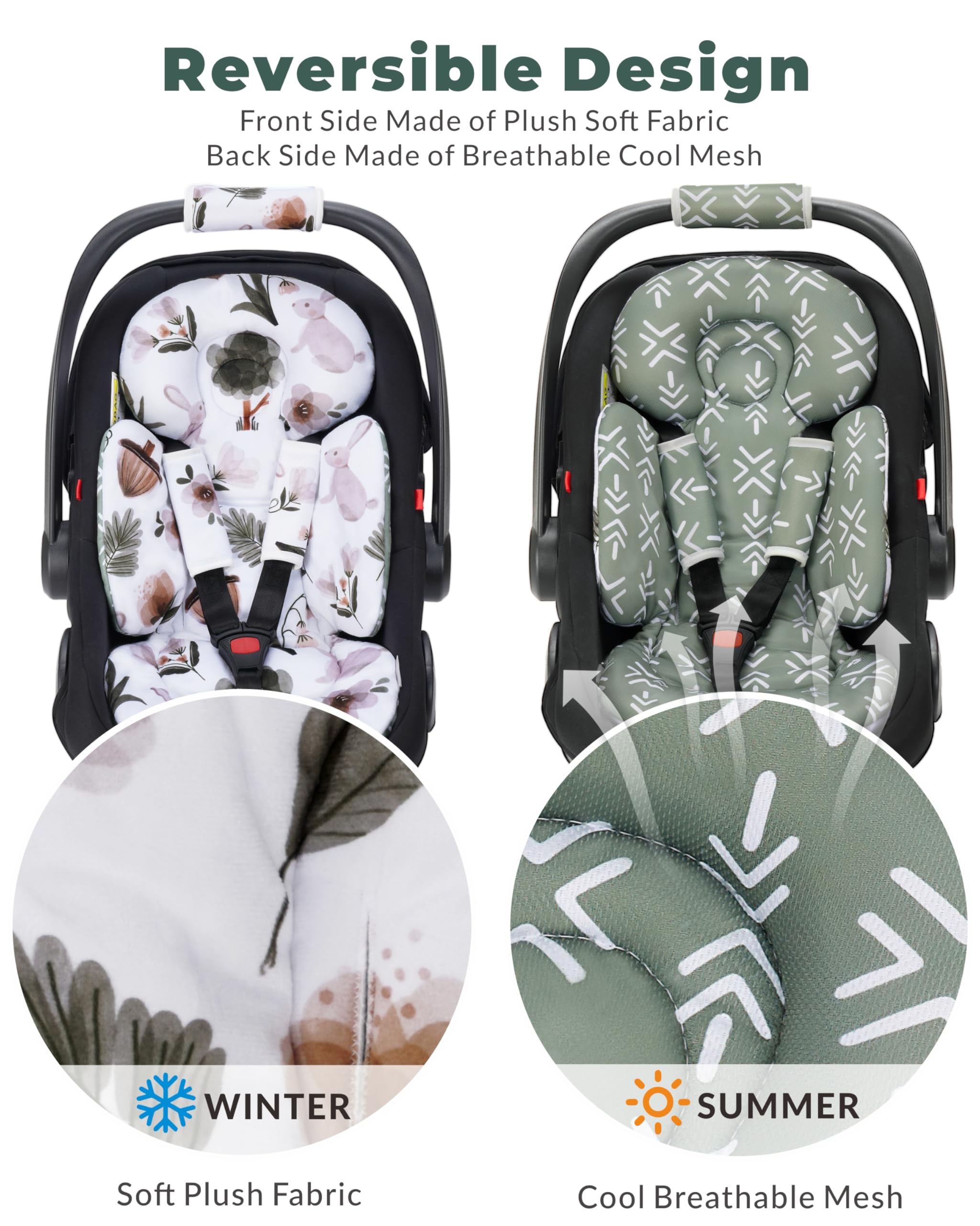 Infant Car Seat Insert - Soft Head and Body Support for Newborns | Reversible Baby Car Seat Cushion with Rabbit Design | Compatible with Car Seats, Strollers, Mamaroo Swing, Rockers & Bassinets | Perfect for Travel, Shopping & Daily Outings with Baby