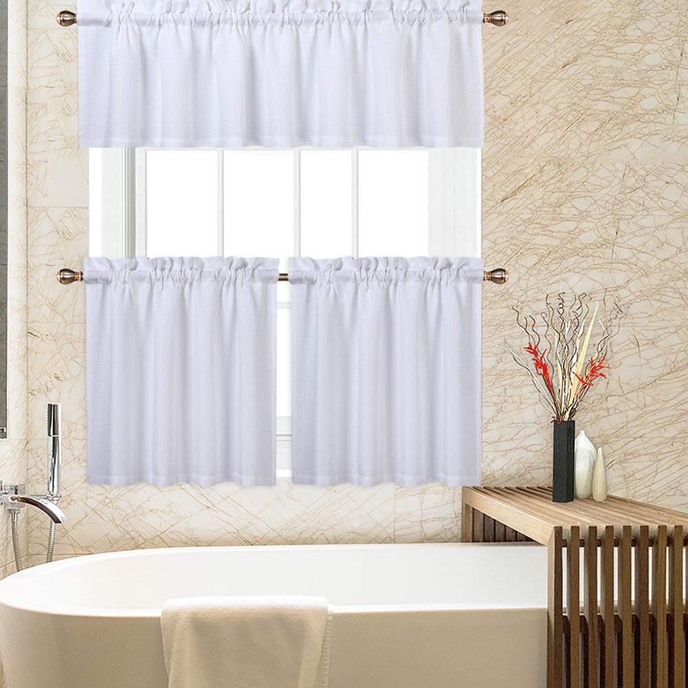 CAROMIO 3-Piece White Waffle Woven Kitchen Curtain Set - 24 Inch Tiered Window Curtains with Valance for Bathroom, Cafe & Home Decor - Textured Fabric for Privacy & Style