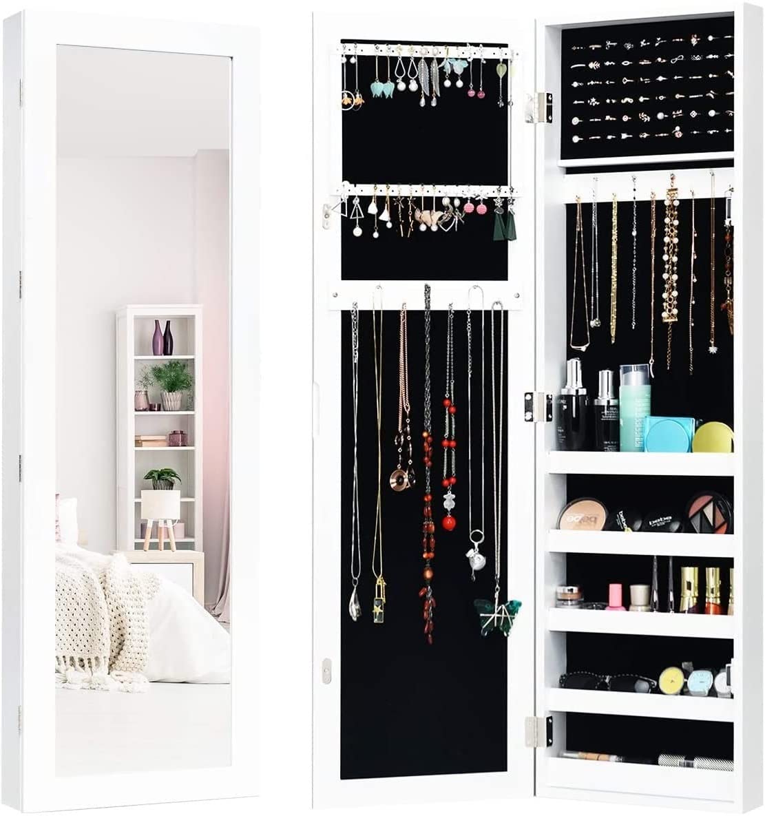 Mirrored Jewelry Cabinet with 5 Shelves, 16 Necklace Hooks & 60 Ring Slots - Wall Mounted Jewelry Armoire Organizer with Full-Length Mirror, White - Perfect for Bedroom, Closet & Dressing Room Storage