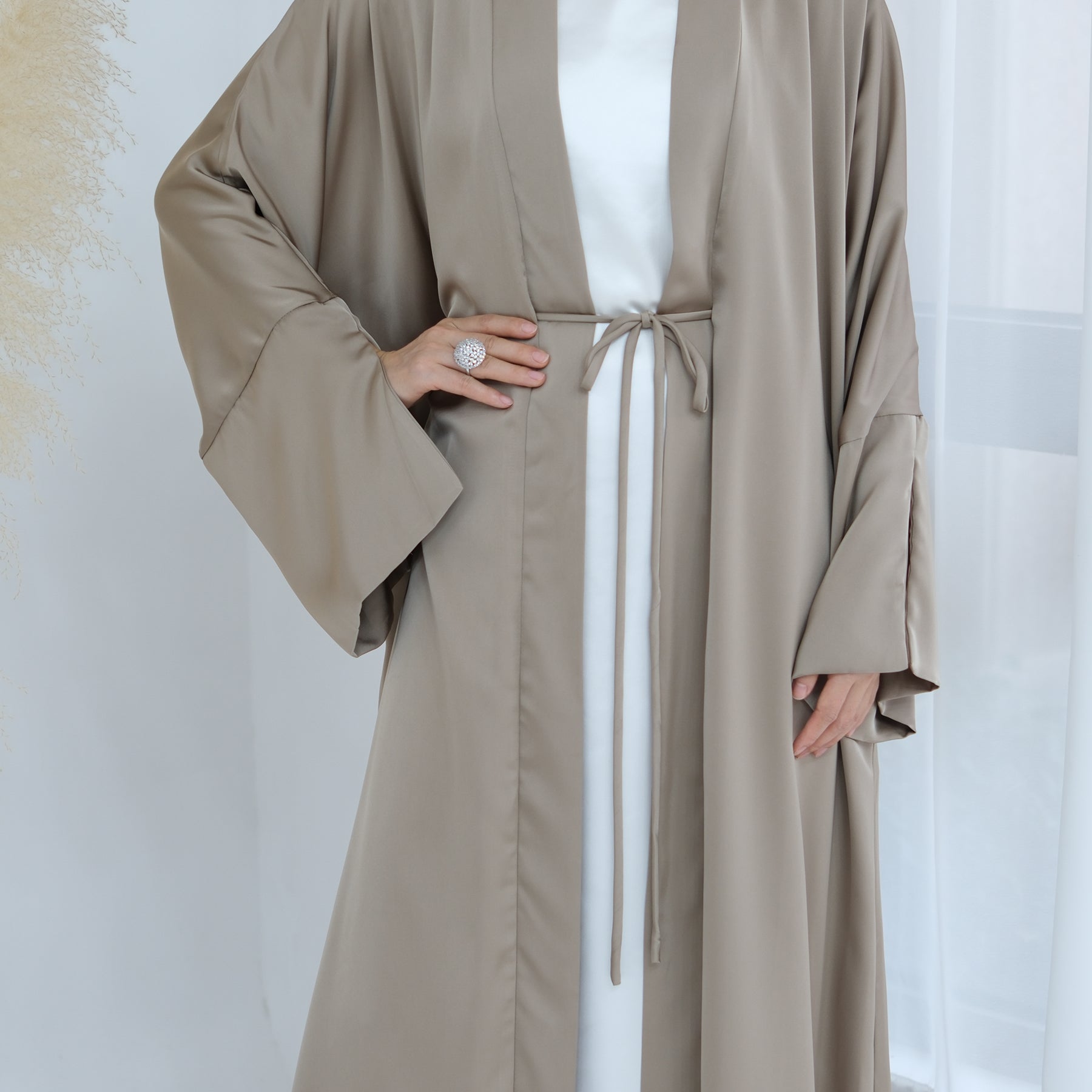 Lavinia Satin Open Abaya Champagne - Elegant Muslim Prayer Dress for Women | Perfect for Eid, Ramadan & Special Occasions