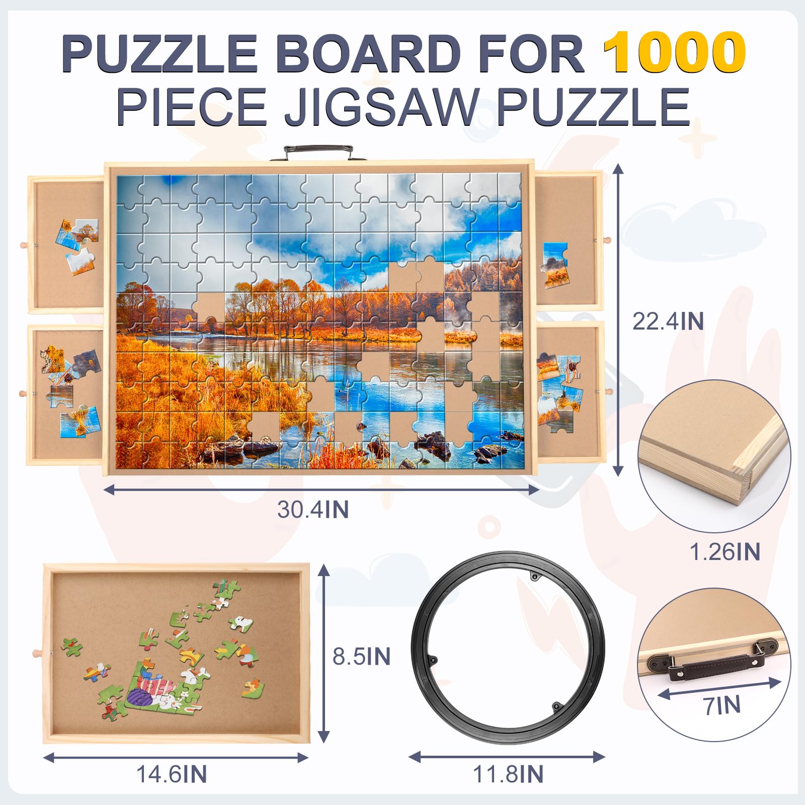 NEOACT 1000 Piece Rotating Puzzle Board - 30.4”x22.4” Wooden Jigsaw Puzzle Table with 4 Drawers, Cover & Handle - Portable Lazy Susan Puzzle Board for Adults & Kids - Perfect for Family Game Nights, Travel & Home Entertainment