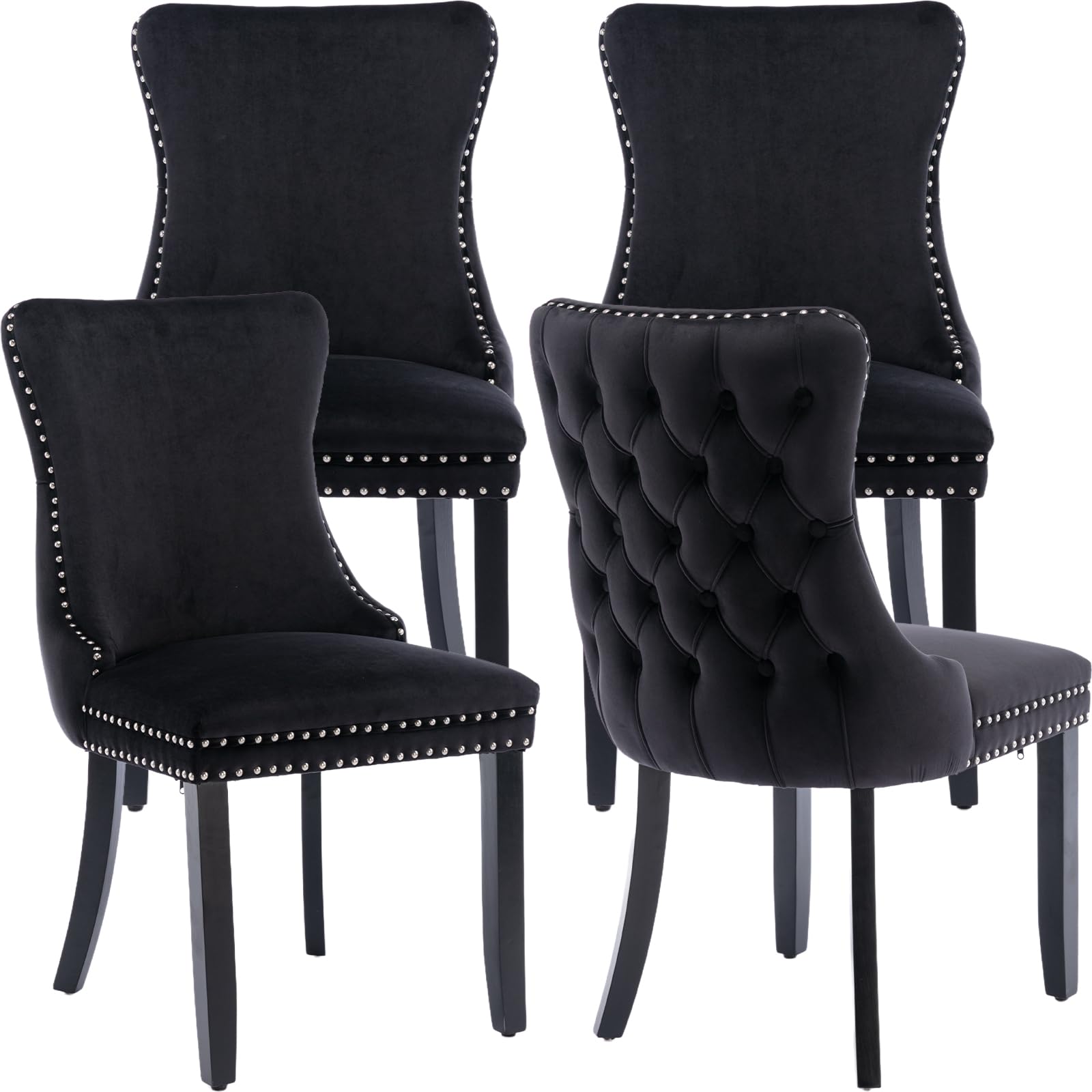 Luxury Black Velvet Dining Chairs Set of 4 - Tufted Backrest, Solid Wood Frame Upholstered Chairs for Kitchen & Dining Room - Elegant Home Decor for Dinner Parties & Family Gatherings (Black, 4 Pieces)