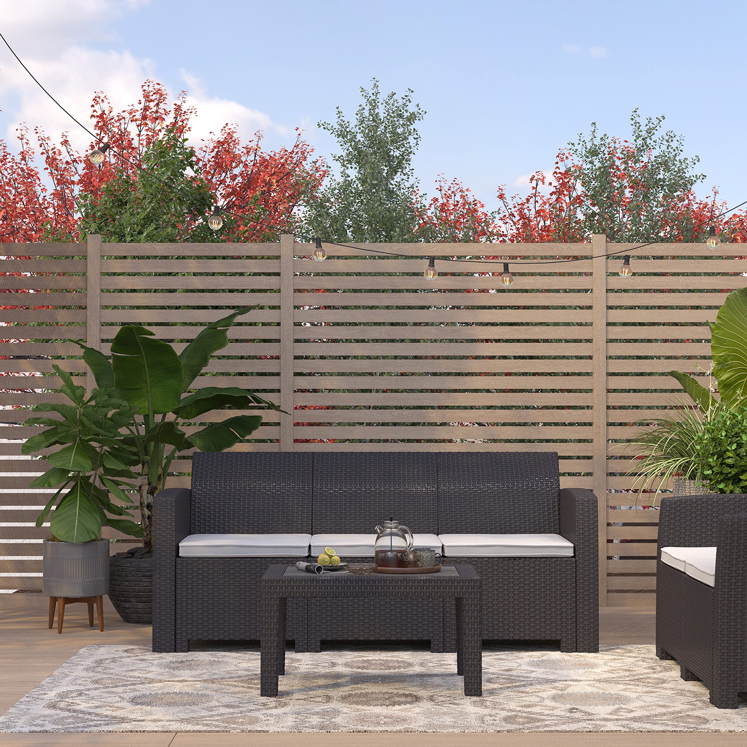 **Merrick Lane Malmok Outdoor Coffee Table - Dark Gray Faux Rattan Wicker with Wood Plank Top - All-Weather Patio Furniture for Garden, Poolside & Backyard Decor**