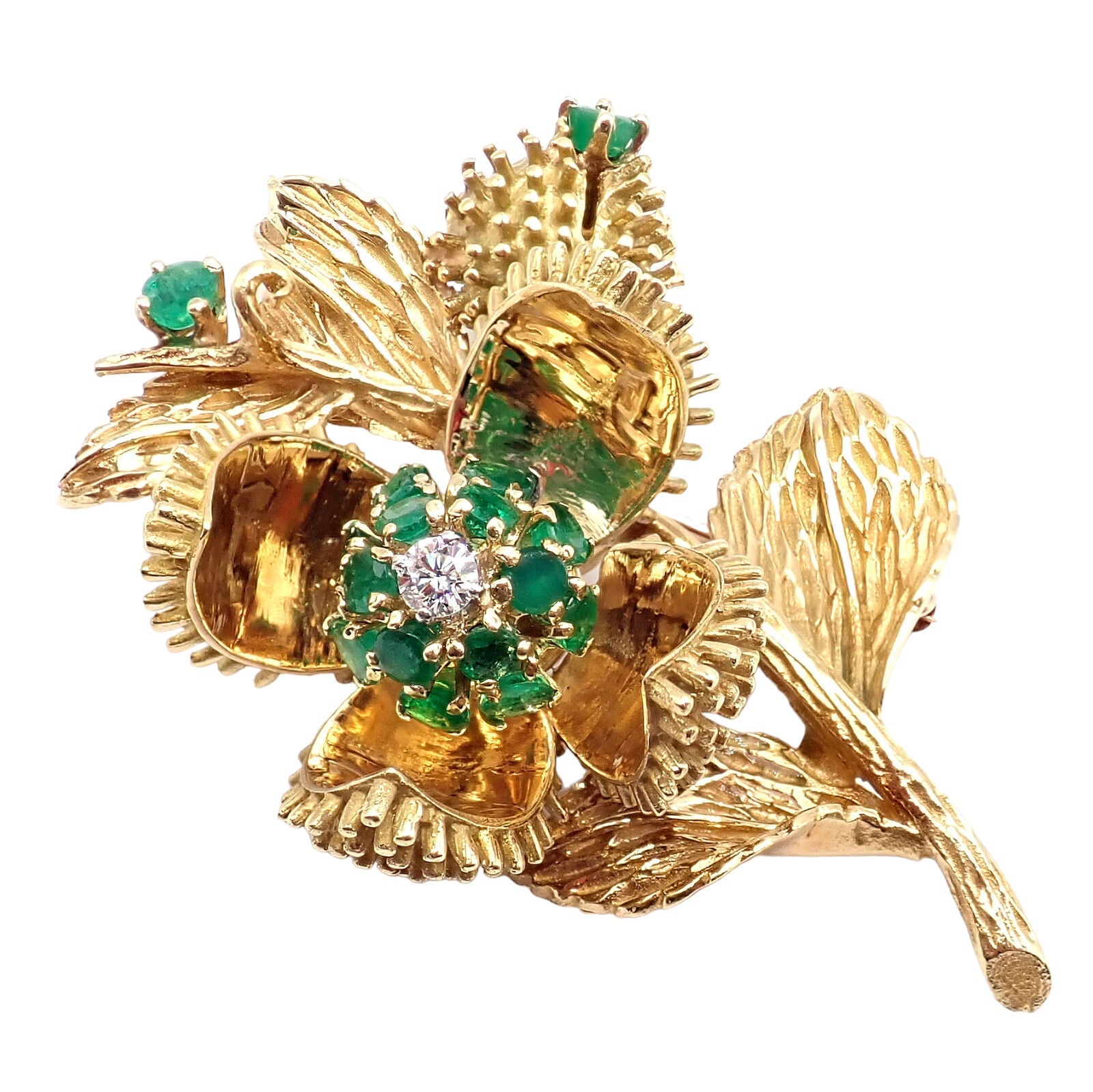 Tiffany & Co 18k Yellow Gold Diamond and Emerald Flower Night & Day Brooch Pin - Vintage Luxury Jewelry for Women, Perfect for Special Occasions & Evening Events