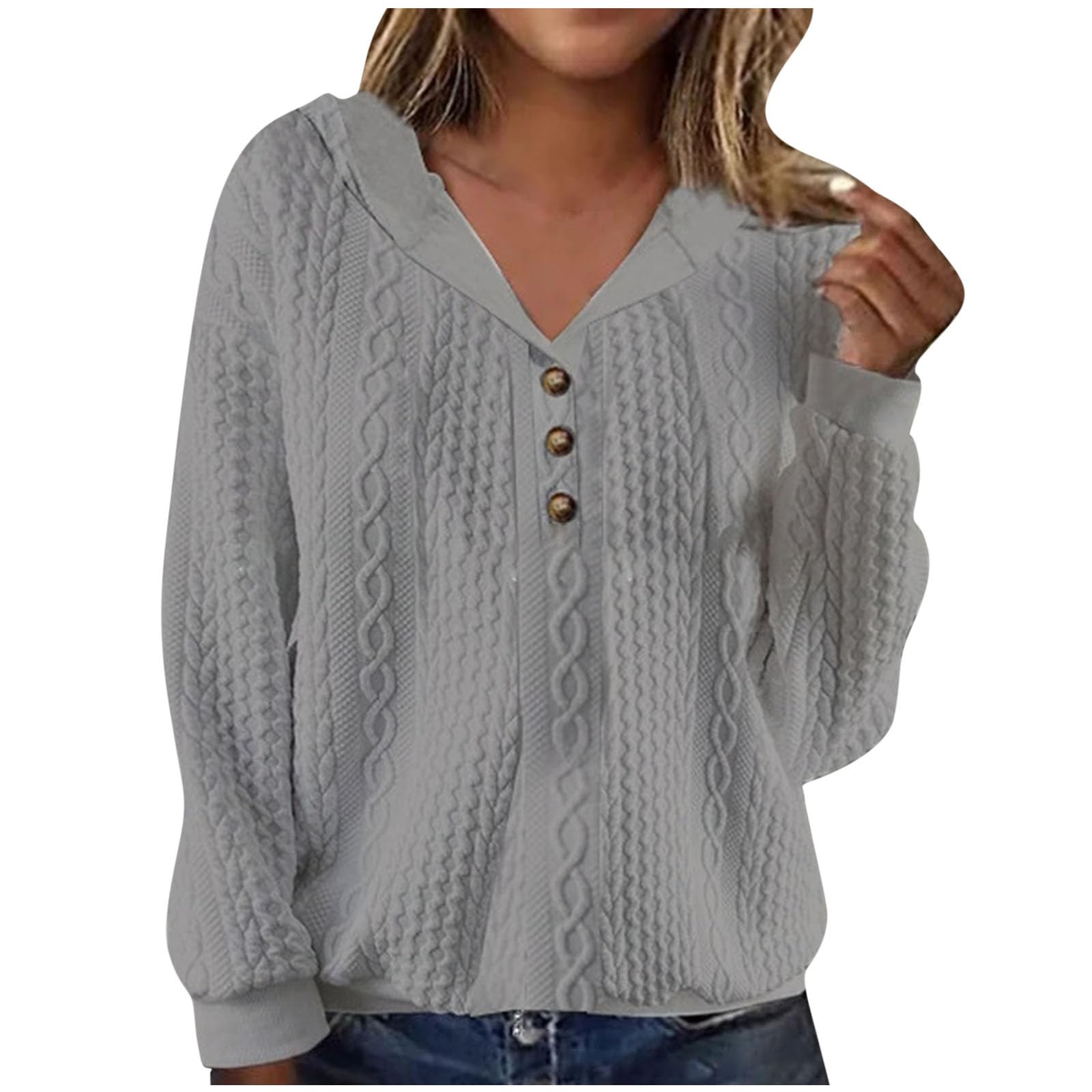 Women's Winter Waffle Hoodie - Loose Fit V-Neck Button Down Pullover Top with Long Sleeves | Solid Color Dressy Hooded Sweatshirt | Perfect for Casual Outings, Layering & Cold Weather Fashion