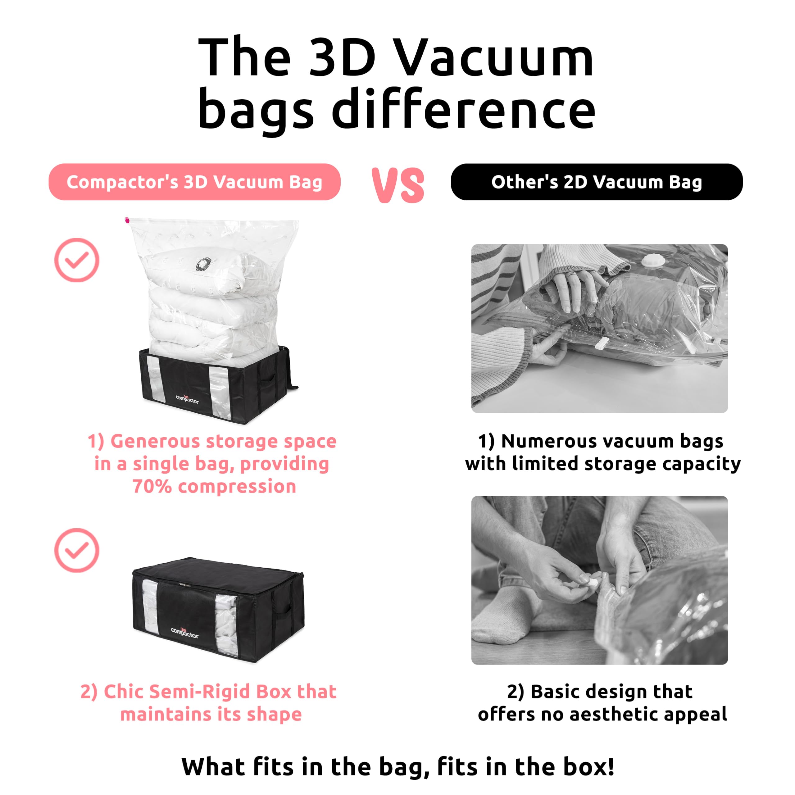 **3D Vacuum Storage Bags XXL - 3 Pack | Space Saver Compactor for Clothes, Blankets & Seasonal Items | Polypropylene + Nylon, Black Semi-Rigid Box | Perfect for Travel, Moving & Home Organization**