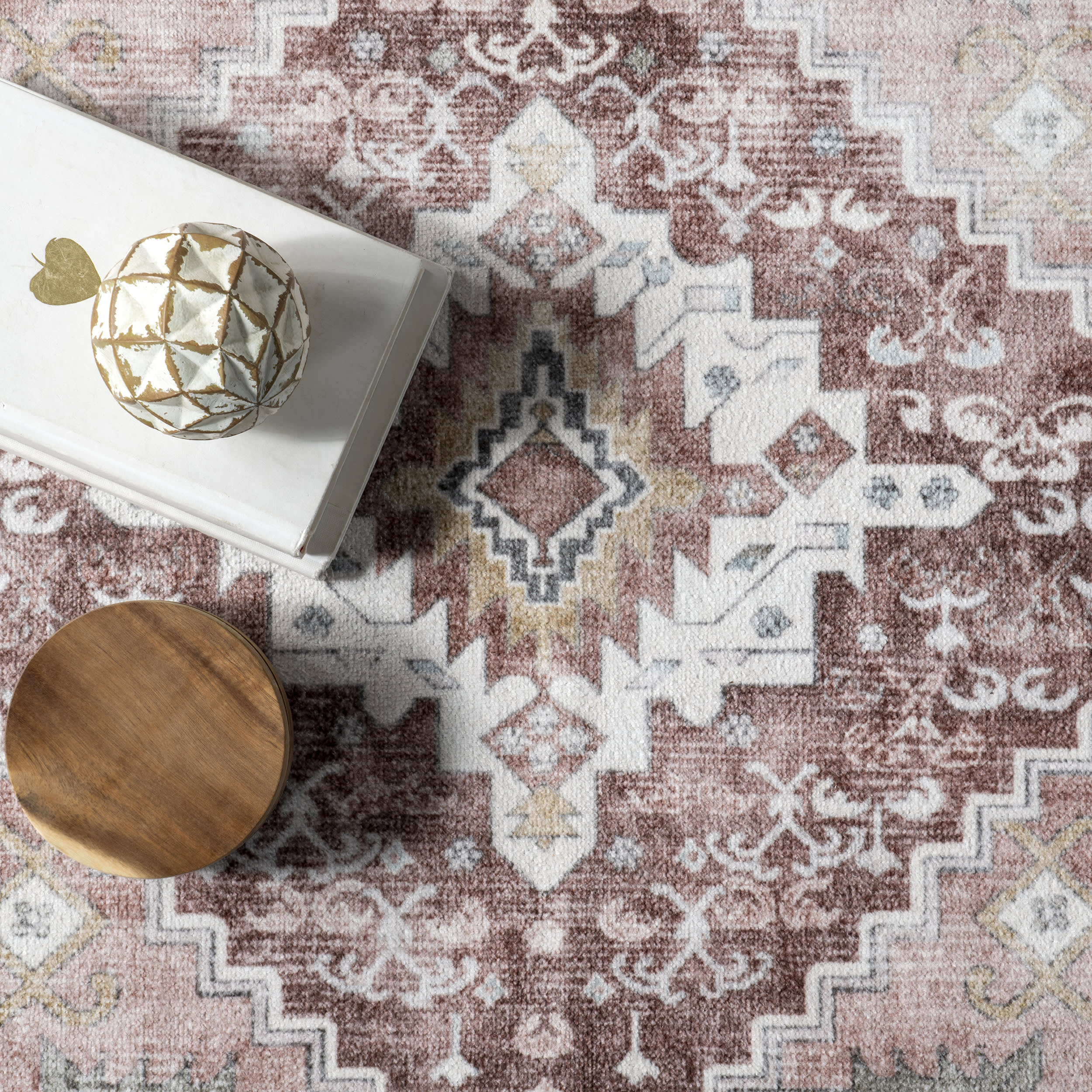 Charis Medallion Washable Rug - Soft & Durable Blush Pink Area Rug for Living Room, Bedroom, Dining Room | Easy to Clean, Stain Resistant, Non-Slip Backing | Perfect for Home Decor, Apartment, Nursery