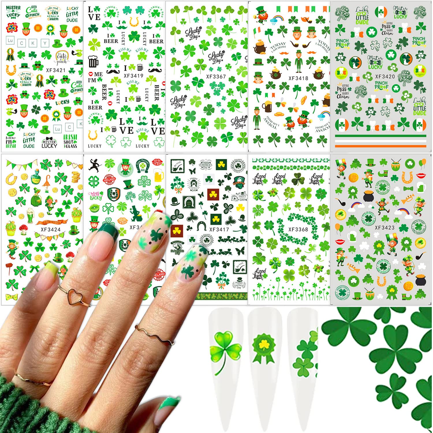 3D Shamrock Nail Stickers - 10 Sheets Green Clover Nail Art for St. Patrick's Day | DIY Nail Decoration for Women & Girls