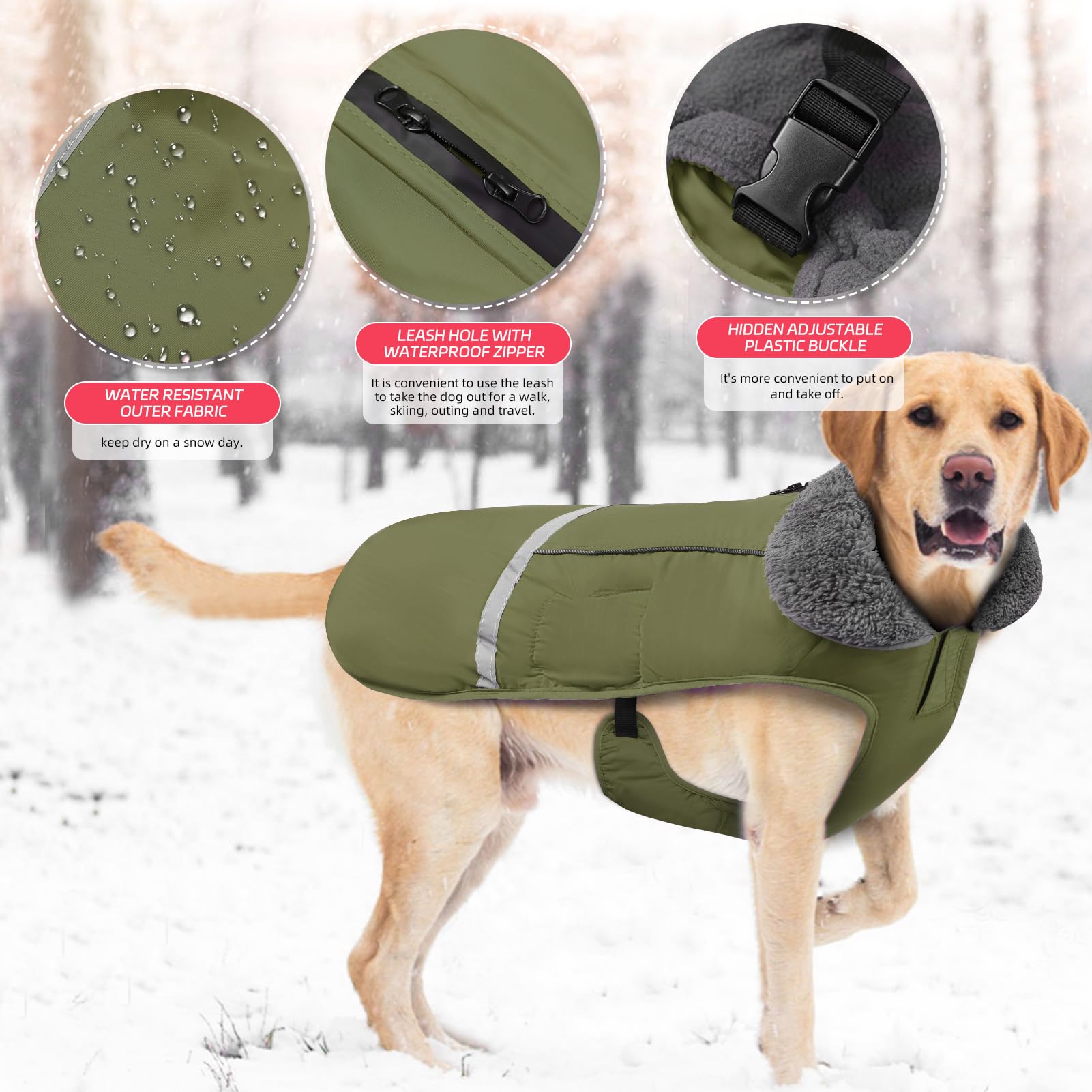 Waterproof Dog Winter Coat with Thick Furry Collar & Reflective Strips - Warm Fleece Lining for Small Medium Large Dogs - Cold Weather Snow Jacket for Outdoor Walking Hiking Camping