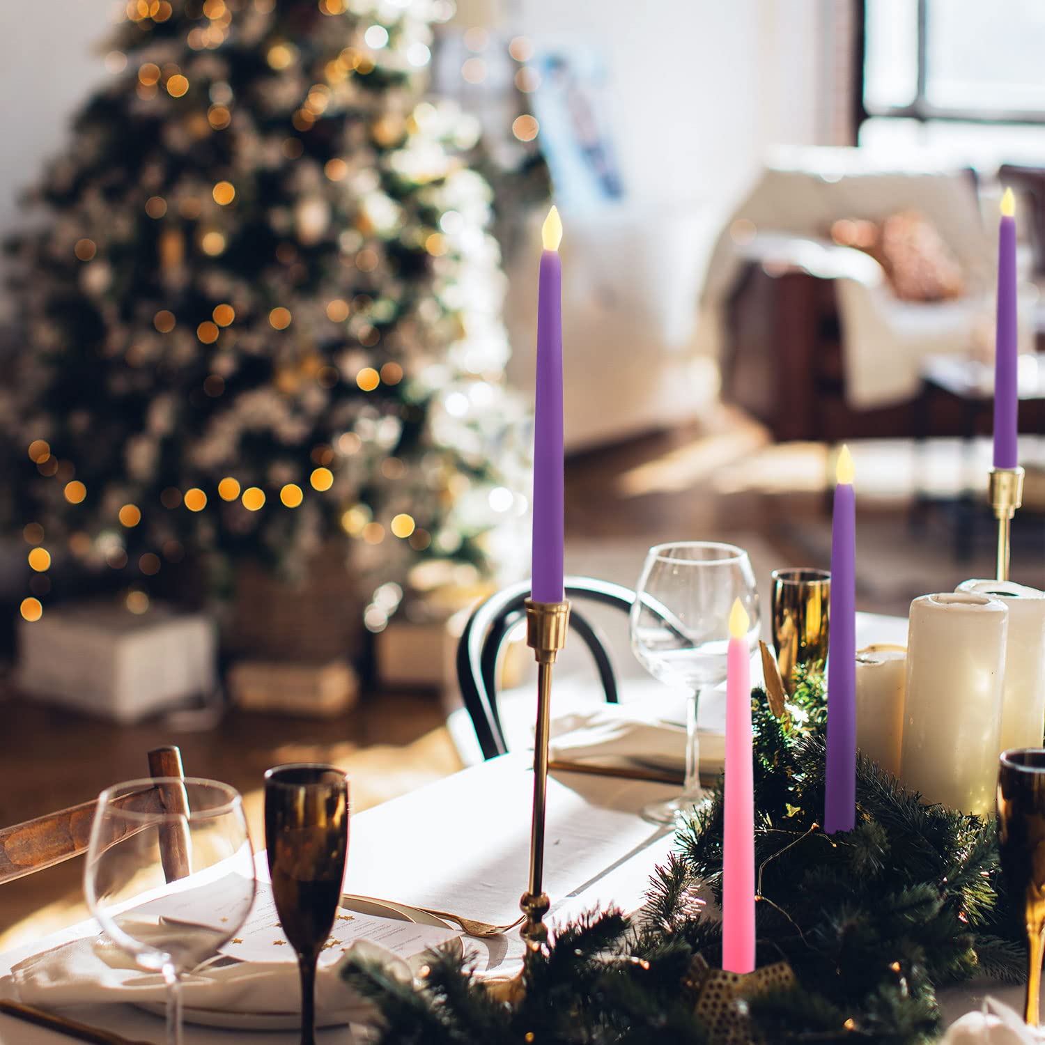 Battery Operated Flameless Candles Set - 10 Inch Purple & Pink for Advent Wreath & Lent Decor